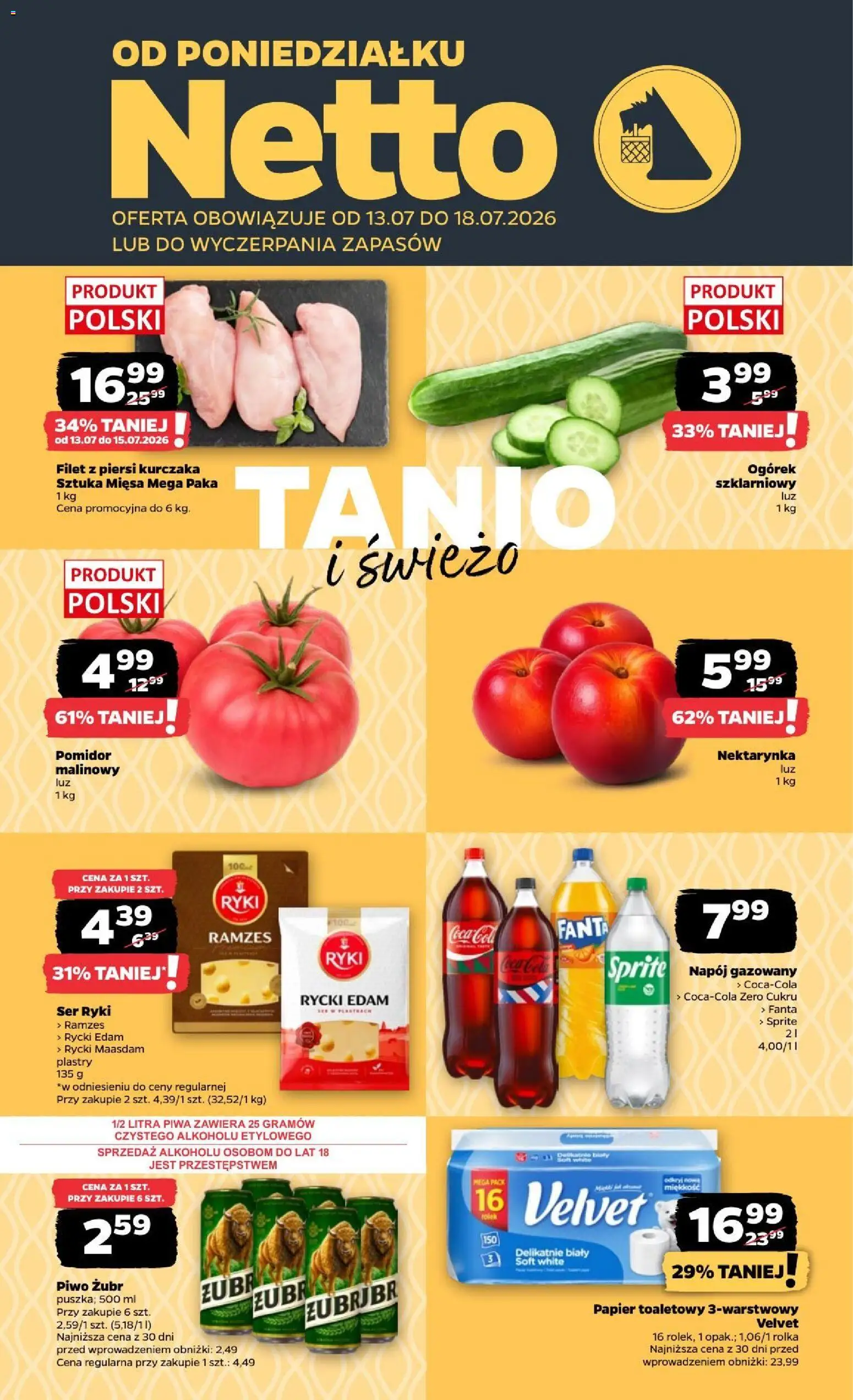 Pogląd gazetki "Netto gazetka od poniedziałku" ze sklepu Netto ważnej od 13.07.2026 - Piwo, Pomidor, Ser, Ogórek, Papier toaletowy, Filet, Ogórek szklarniowy, Papier toaletowy 3-warstwowy