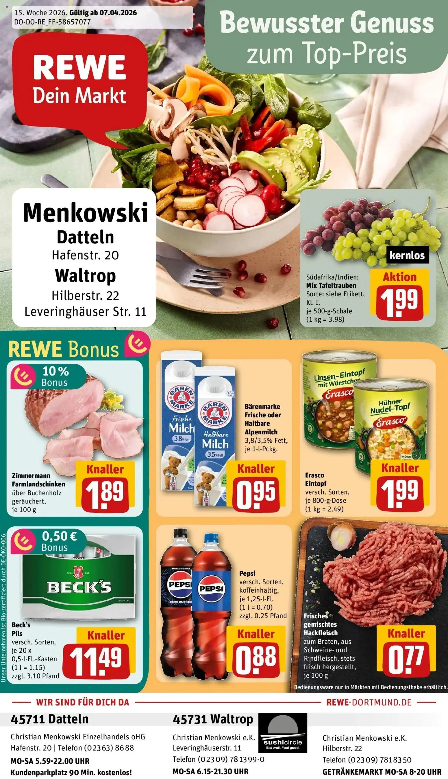 Vorschau von dem Prospekt des Geschäftes Rewe, gültig ab dem 05.04.2026 - Uhr, Telefon, Milch, Hackfleisch, Zucker, Pepsi, Haltbare milch, Pils