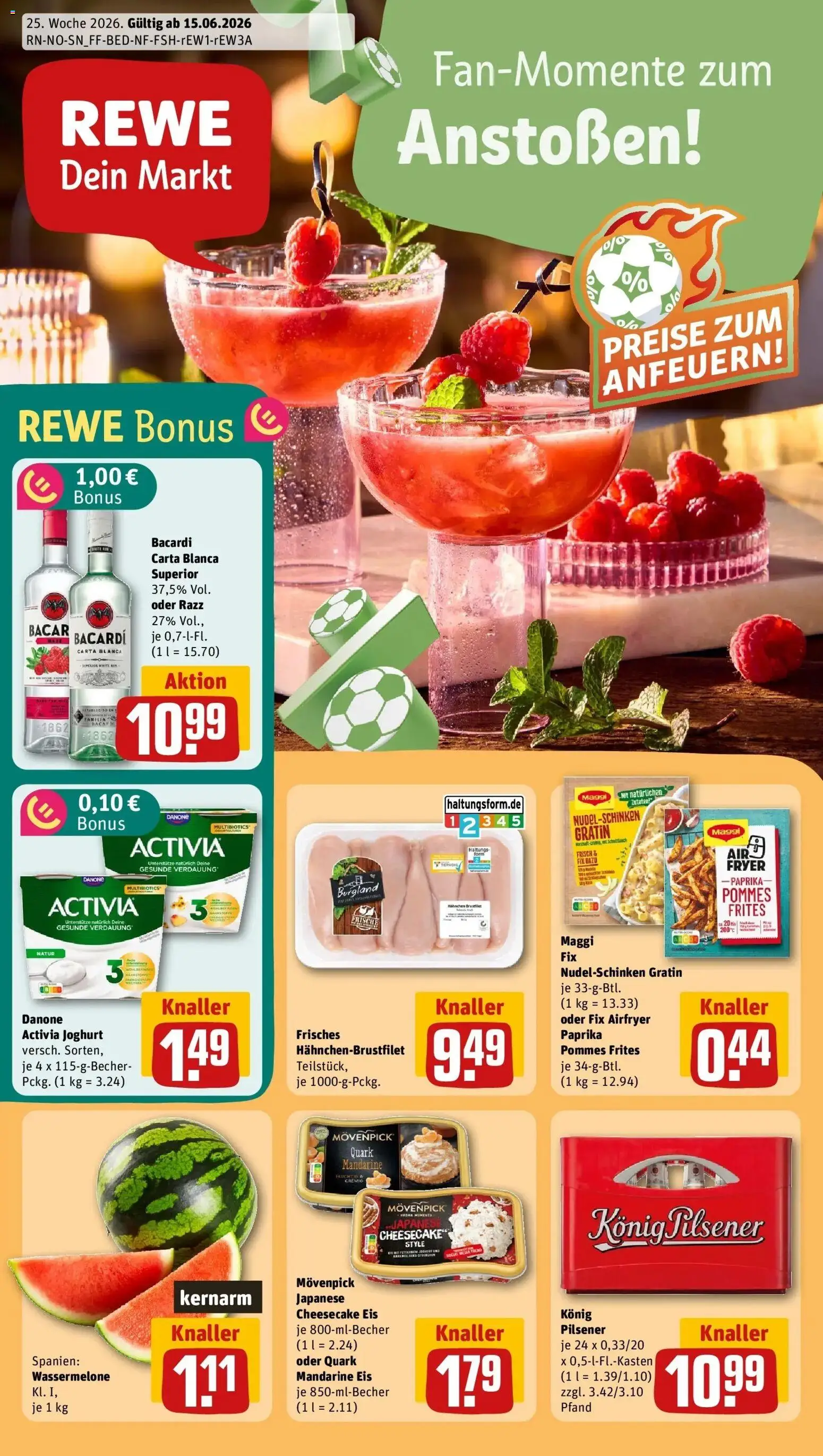 Vorschau von dem Prospekt des Geschäftes Rewe, gültig ab dem 14.06.2026 - Eis, Joghurt, Pommes, Paprika, Wassermelone, Rum, Pommes frites, Konig pilsener