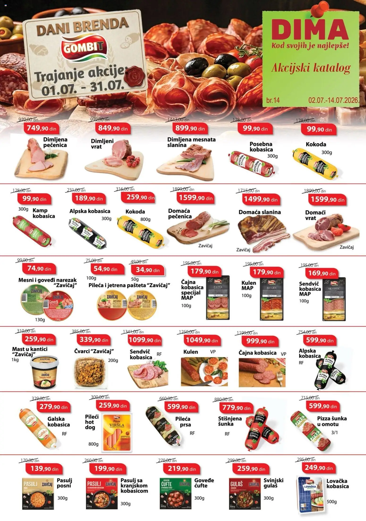 Pregled VP Dima kataloga - važi od 02.07.2026 - Kulen, Šunka, Slanina, Pašteta, Mast, Čvarci, Vrat, Pizza šunka