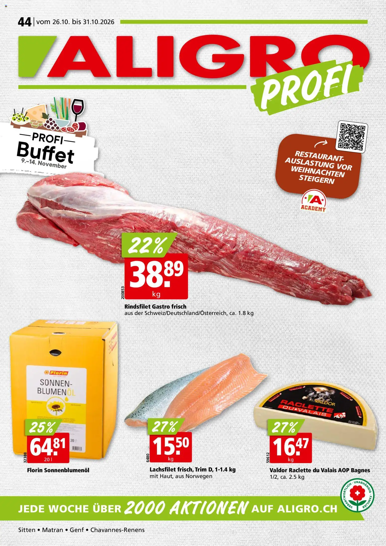 Vorschau des Merkblatts Aligro aktionen Chavannes, Matran, Genf, Sitten vom Shop Aligro gültig von 26.10.2026 bis 31.10.2026 - Raclette
