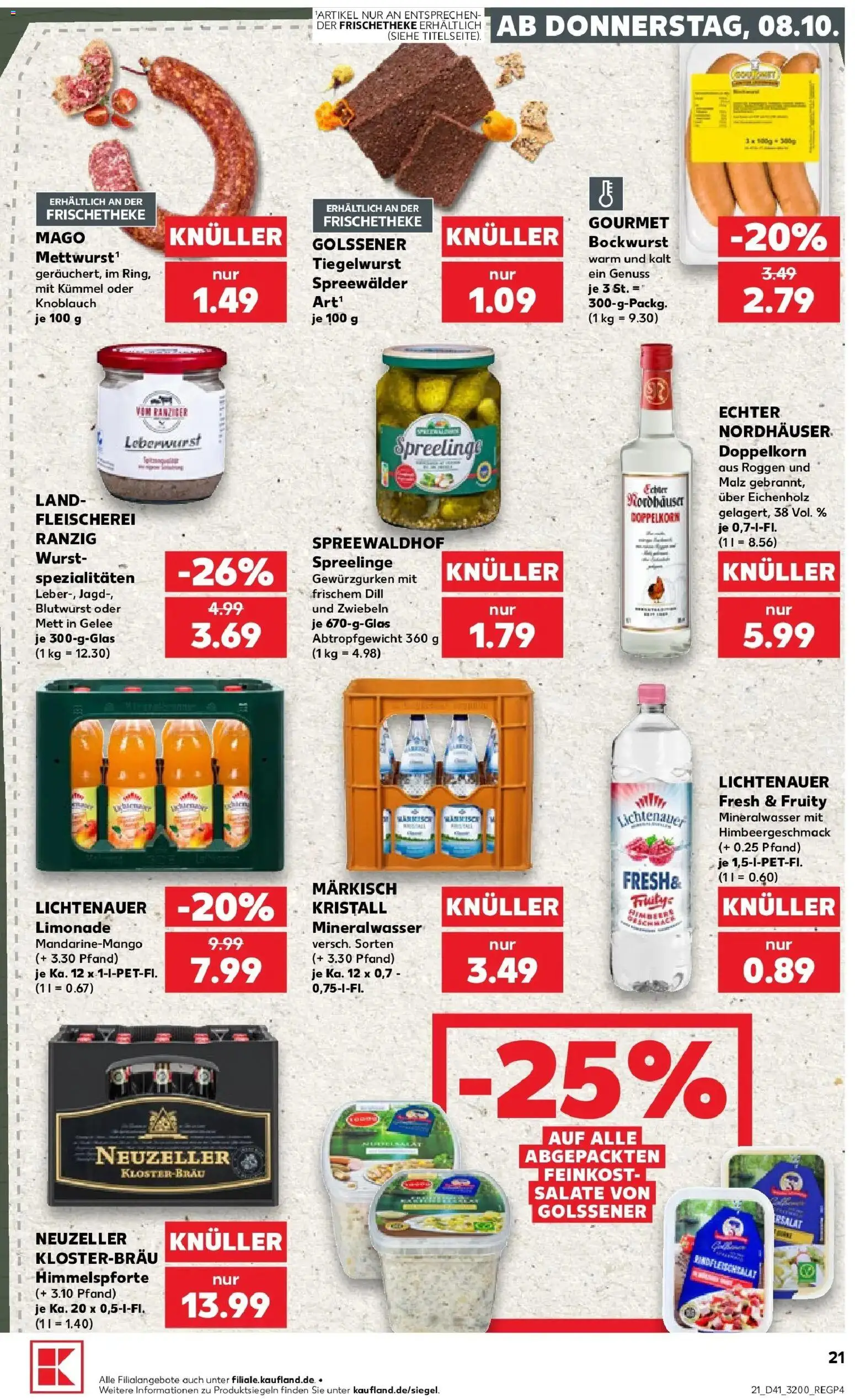 Vorschau von dem Prospekt des Geschäftes Kaufland, gültig ab dem 08.10.2026 - Wurst, Mineralwasser, Knoblauch, Dill, Bockwurst, Limonade, Zwiebeln, Spezialitäten