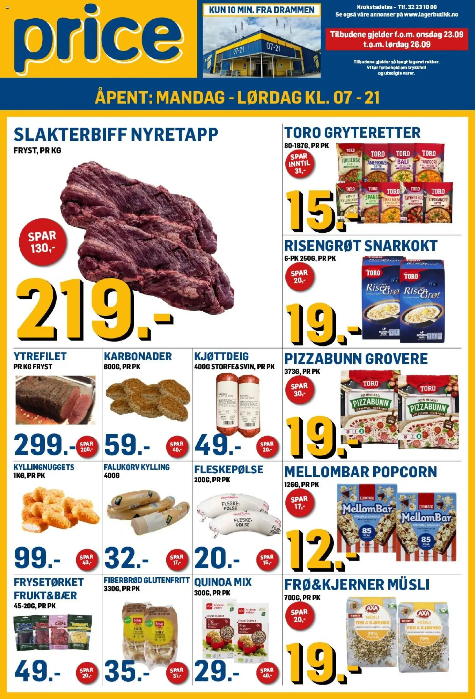 Forhåndsvis Price Lagerbutikk kundeavis fra butikk Price Lagerbutikk gyldig fra 23/09/2026 - Pizzabunn, Popcorn, Kyllingnuggets, Fleskepølse, Karbonader, Kjøttdeig, Pølse, Musli