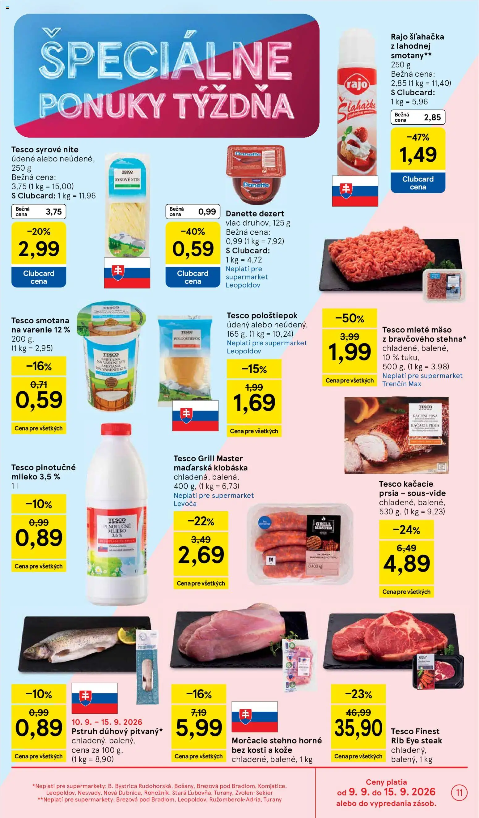 Náhľad Tesco letáku platného od 09.09.2026 - Mäso, Steak, Mlieko, Smotana na varenie, Šľahačka, Smotana, Mleté mäso, Mlieko 3,5 %