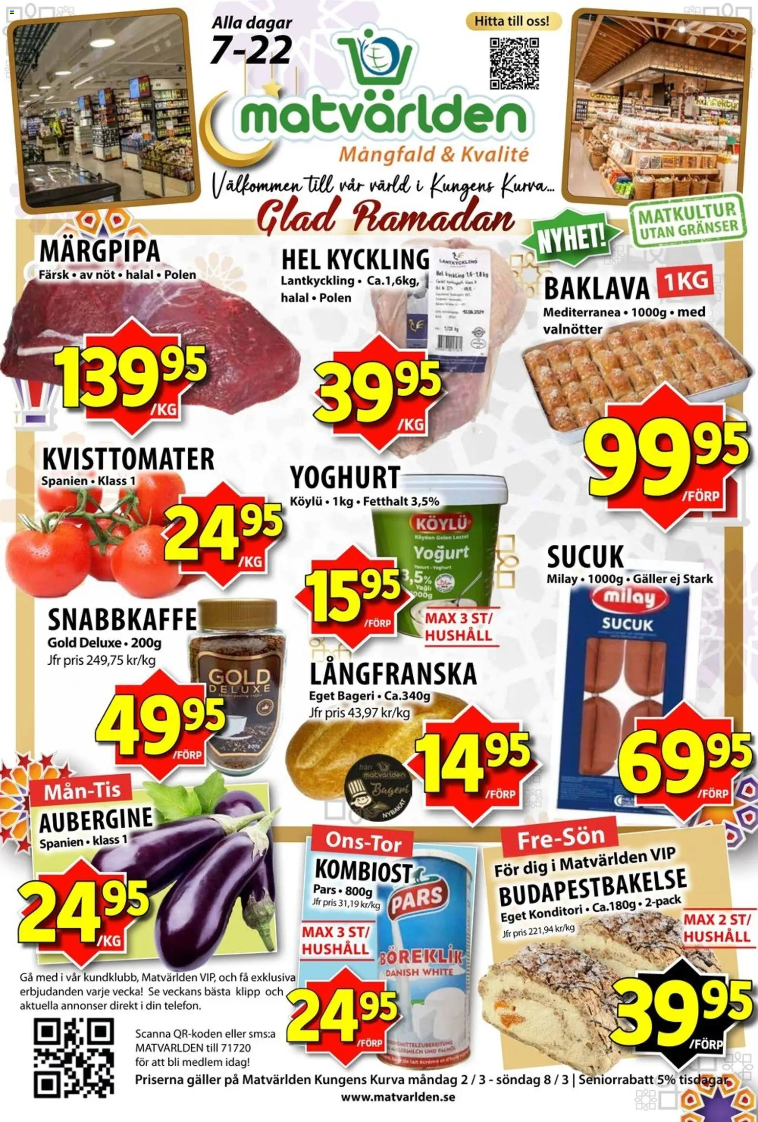 Förhandsgranska reklamblad Matvärlden erbjudanden från butik Matvärlden gäller från 02/03/2026 - Bageri, Aubergine, Yoghurt, Galler, Valnötter, Snabbkaffe, Hel kyckling, Kyckling
