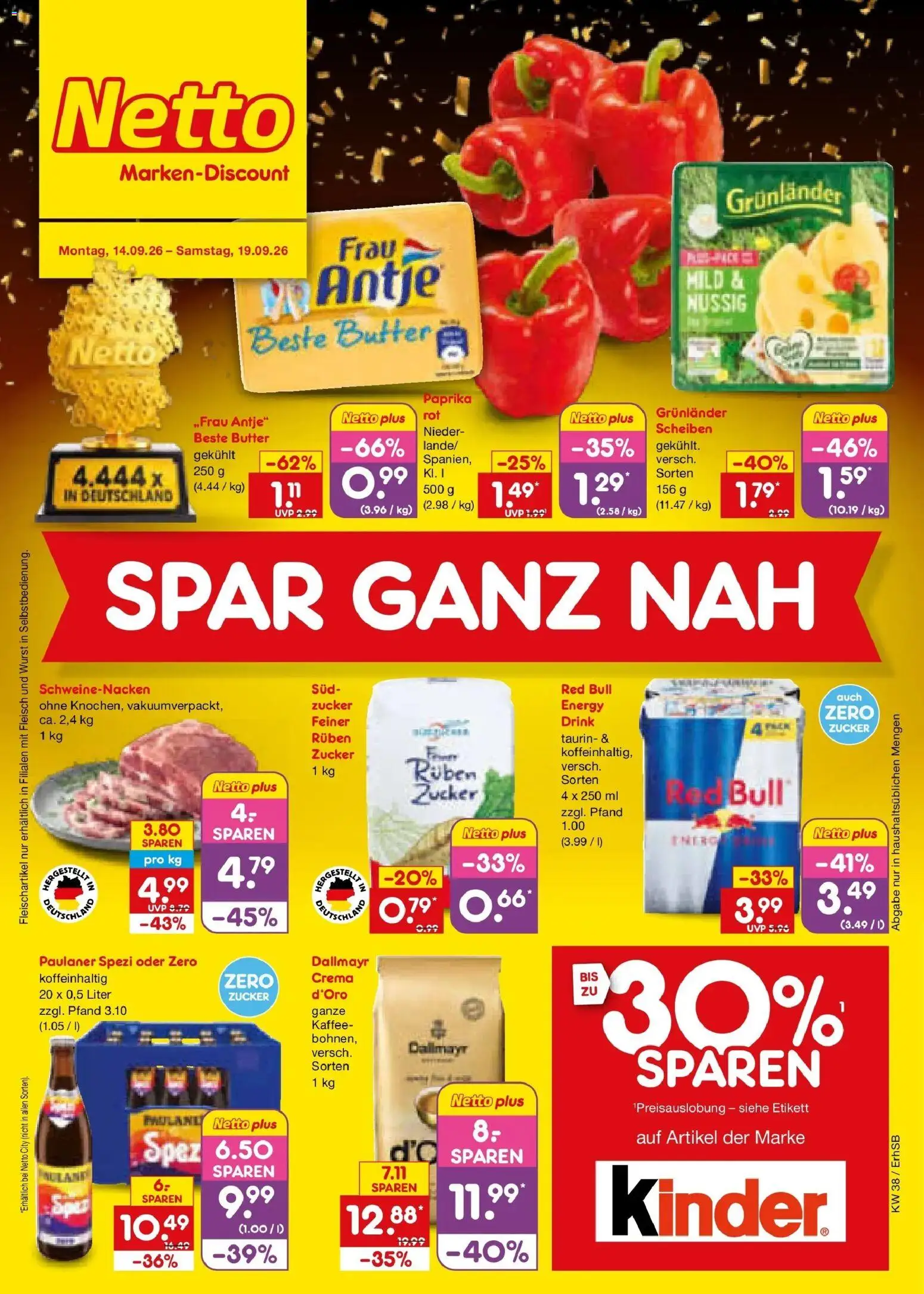 Vorschau von dem Prospekt des Geschäftes Netto Marken-Discount, gültig ab dem 14.09.2026 - Butter, Wurst, Fleisch, Paulaner spezi, Paulaner, Energy, Schweinenacken, Grunlander