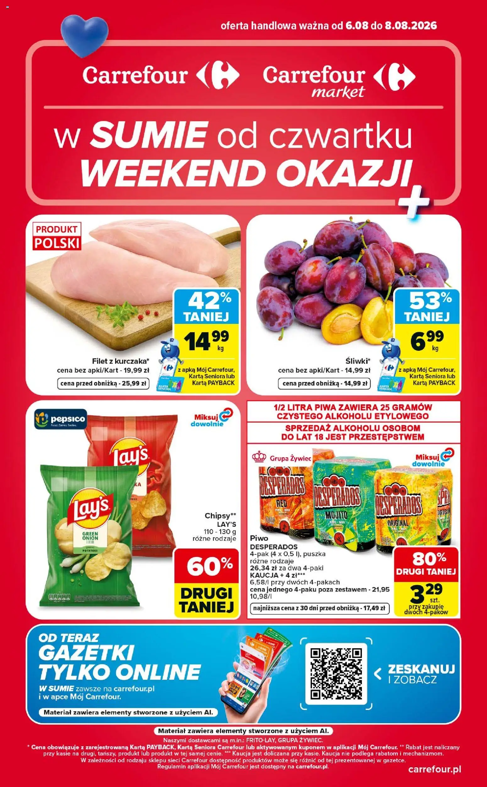 Pogląd gazetki "Carrefour gazetka - Weekend okazji" ze sklepu Carrefour ważnej od 06.08.2026 - Piwo, Desperados, Chipsy, Mojito, Karta, Filet, Piwo Desperados