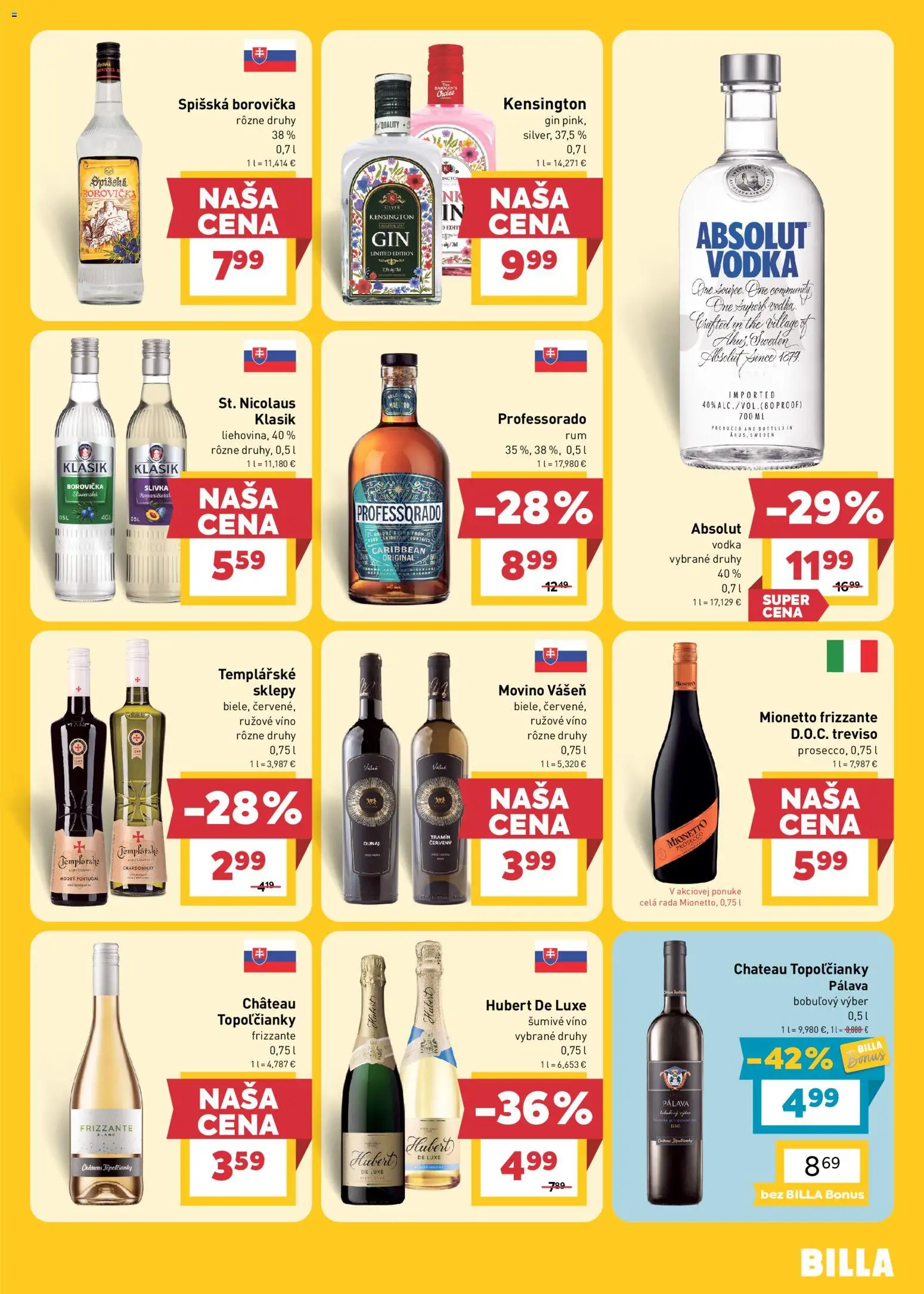 Náhľad Billa letáku platného od 21.10.2026 - Prosecco, Rum, Vodka, Gin, Absolut vodka, Hubert de Luxe, Šumivé víno, Rúžové víno