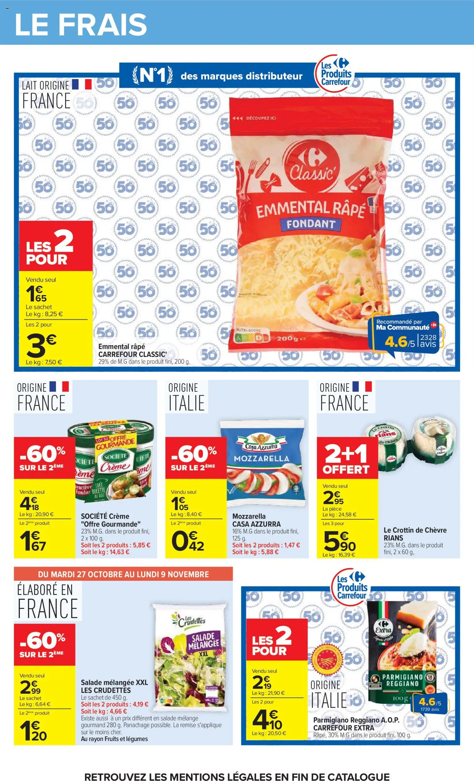 Prévisualisation de Carrefour Vos promos du quotidien du magasin Carrefour formulaire valide 27/10/2026 - Distributeur, Fruits, Mozzarella, Crème, Parmesan, Emmental, Parmigiano Reggiano, Râpe