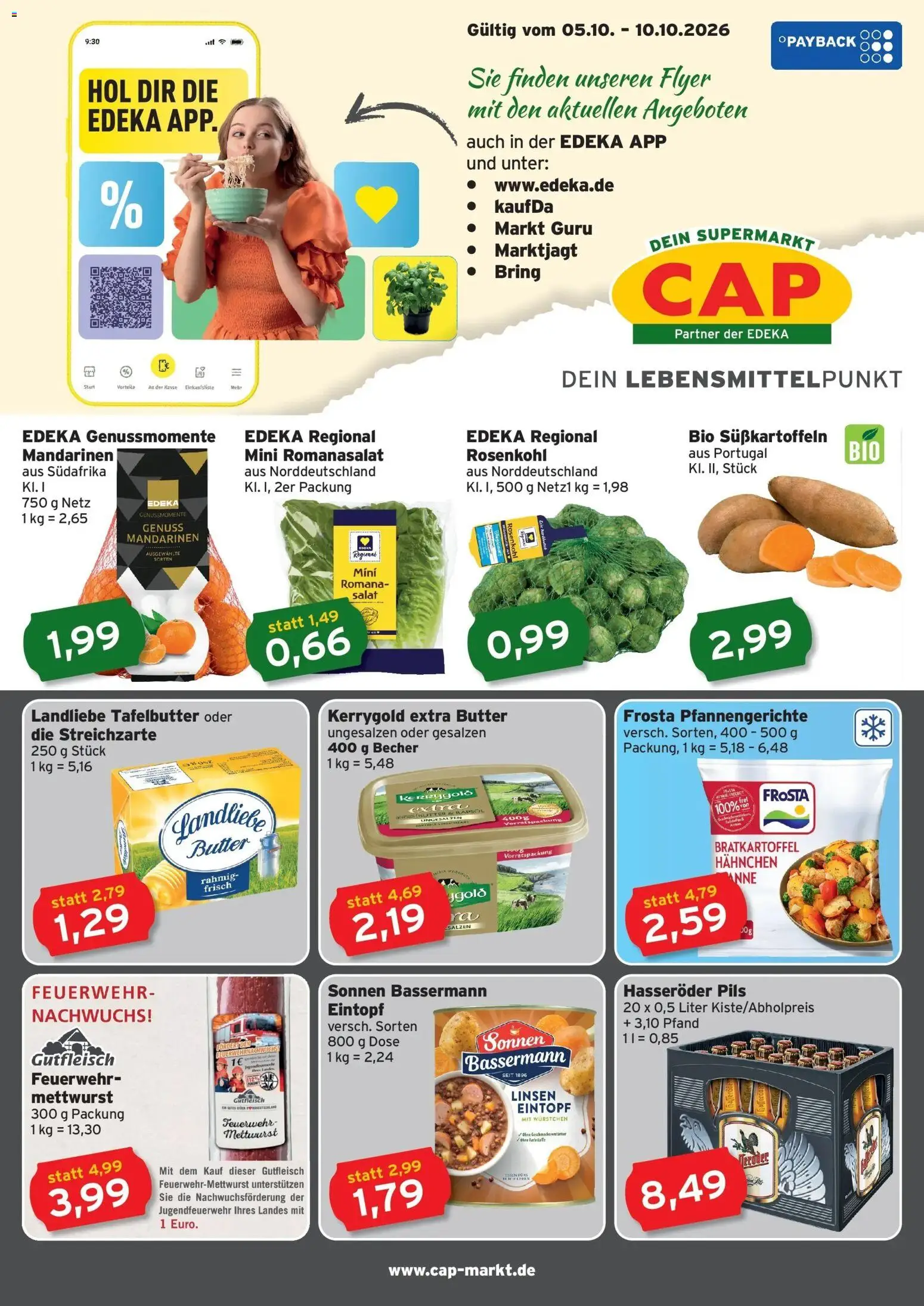 Vorschau von dem Prospekt des Geschäftes CAP Markt, gültig ab dem 05.10.2026 - Butter, Salat, Frosta, Rapsöl, Mandarinen, Hasseröder, Pils, Hahnchen