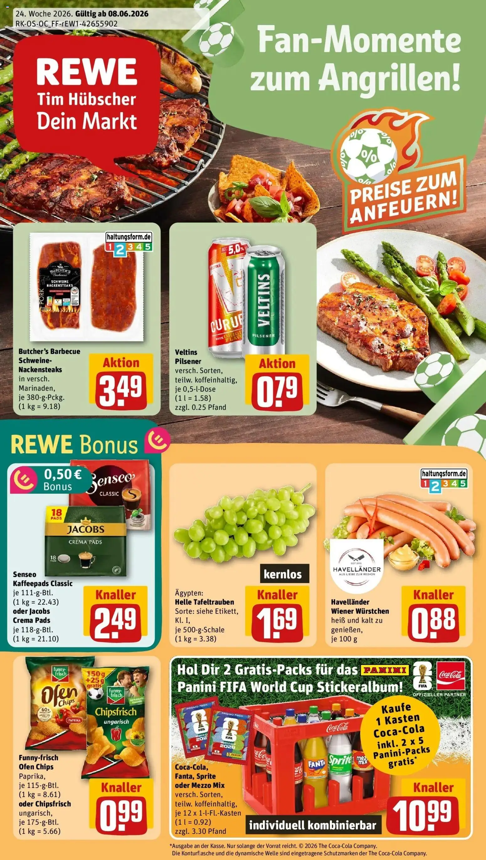 Vorschau von dem Prospekt des Geschäftes Rewe, gültig ab dem 08.06.2026 - Cola, Paprika, Sprite, Mezzo mix, Kaffeepads, Senseo kaffeepads, Nackensteaks, Oder mezzo mix
