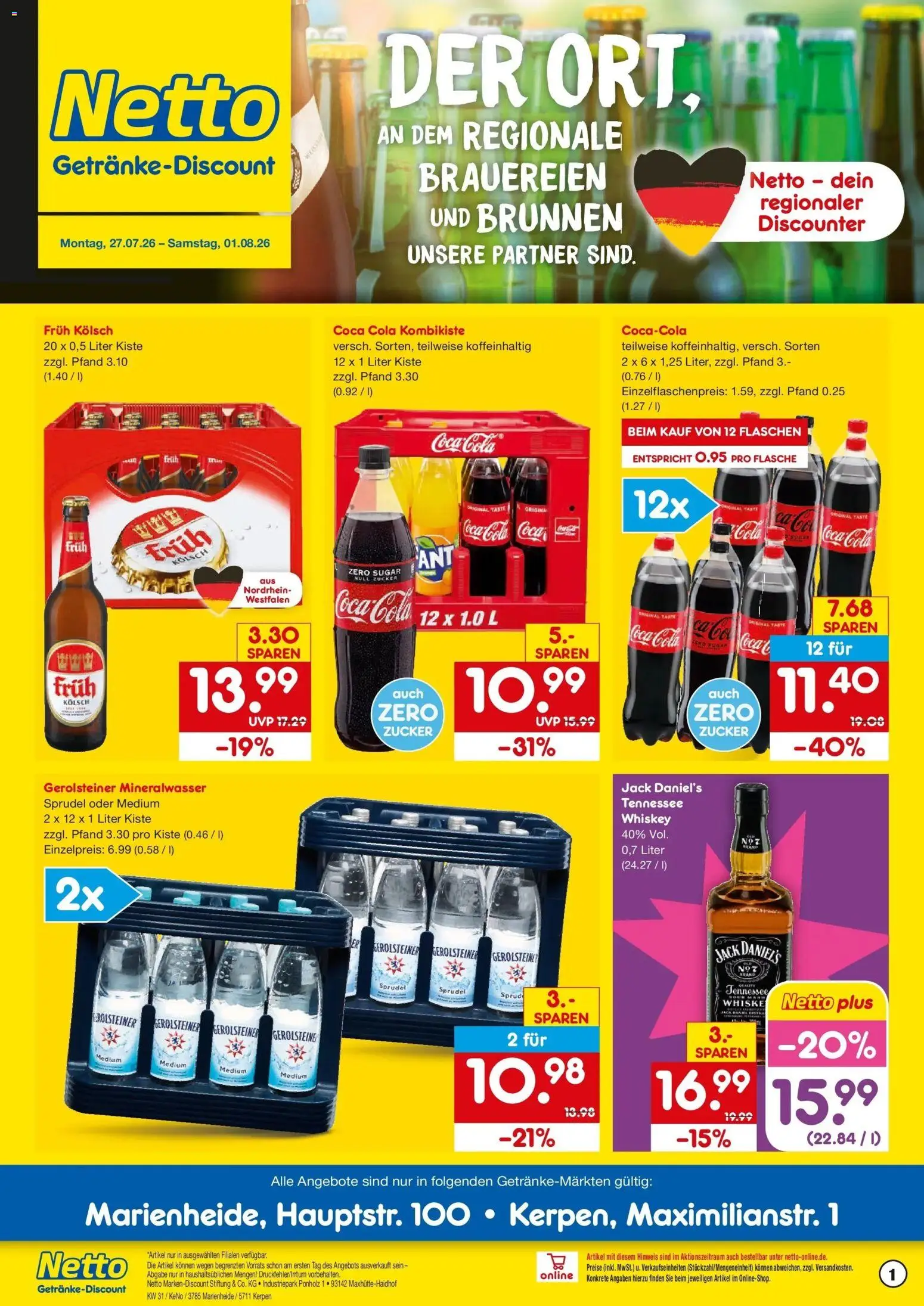 Vorschau von dem Prospekt des Geschäftes Netto Marken-Discount, gültig ab dem 27.07.2026 - Coca cola, Cola, Mineralwasser, Gerolsteiner, Zucker, Whiskey, Jack Daniel's