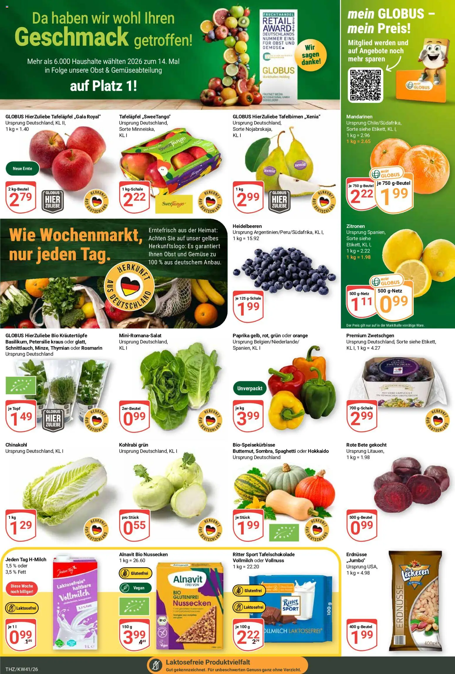 Vorschau von dem Prospekt des Geschäftes Globus, gültig ab dem 05.10.2026 - Kohlrabi, Gemüse, Ritter sport, Obst, Chinakohl, Zitronen, Zwetschgen, Mandarinen