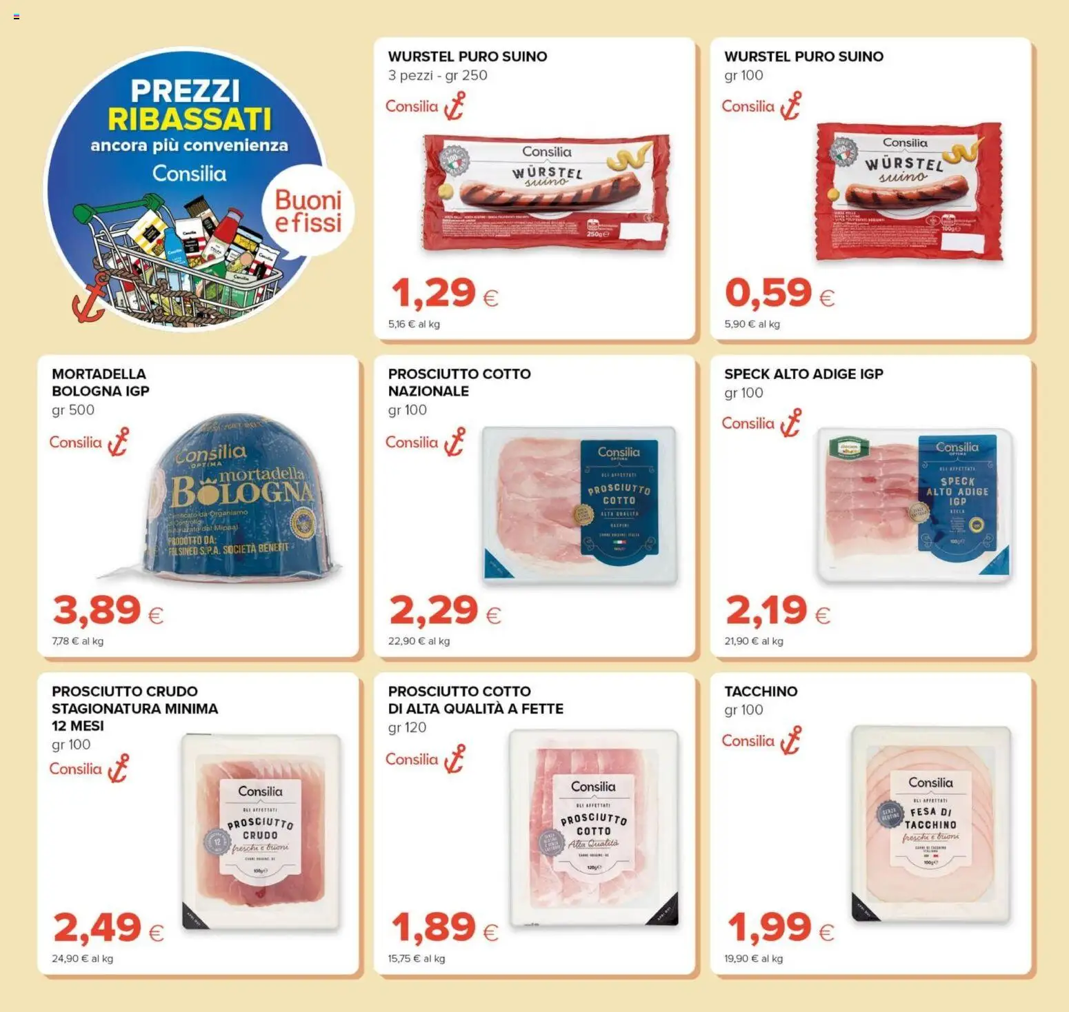 Anteprima dell'opuscolo Oasi volantino Prezzi Ribassati dal negozio Oasi valido da 21/08/2026 - Wurstel, Tacchino, Mortadella, Speck, Prosciutto Crudo, Prosciutto, Prosciutto Cotto, Suino