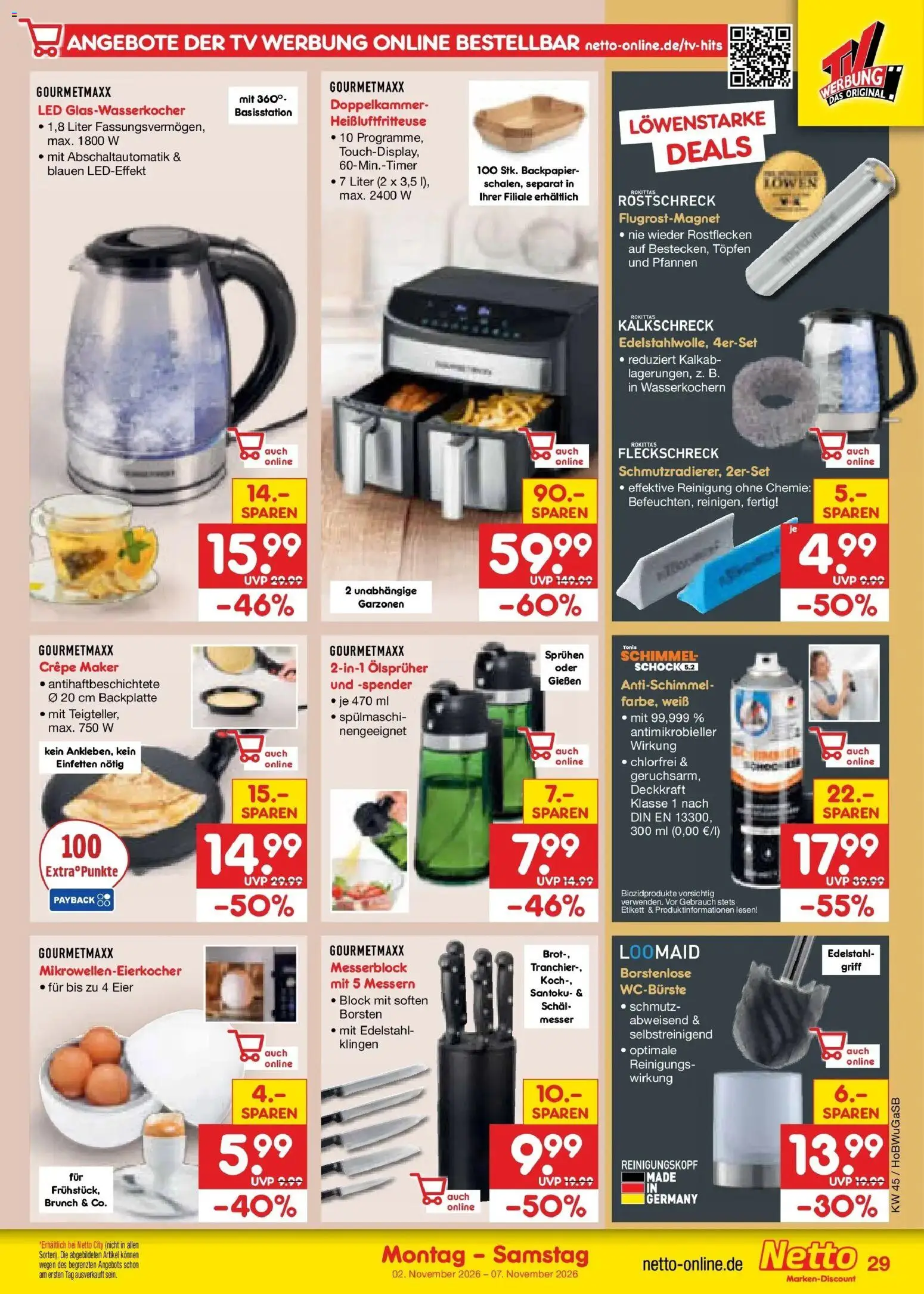 Vorschau von dem Prospekt des Geschäftes Netto Marken-Discount, gültig ab dem 02.11.2026 - Heißluftfritteuse, TV, Brot, Eier, Schal