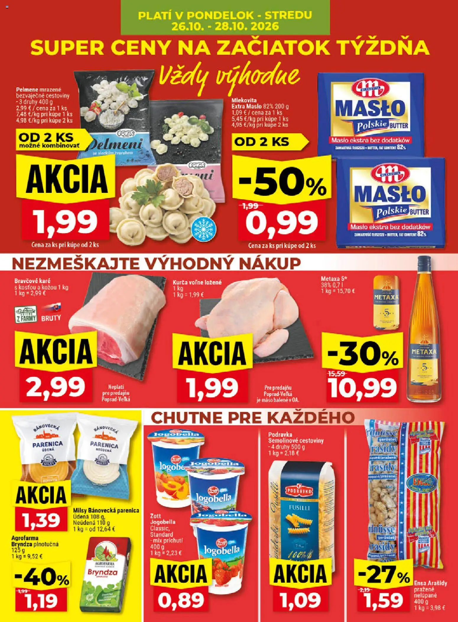 Náhľad Klas letáku platného od 26.10.2026 - Maslo, Mäso, Bravčové karé, Bryndza, Arašidy, Kurča, Semolínové cestoviny, Metaxa 5*