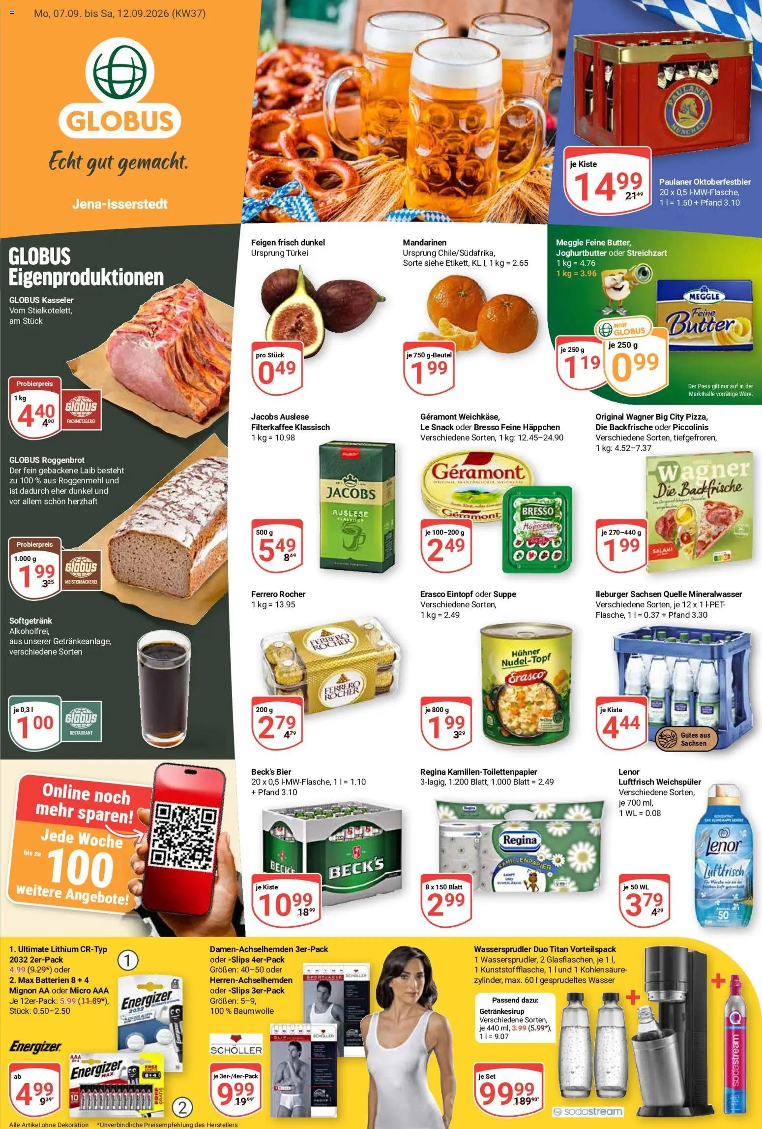 Vorschau von dem Prospekt des Geschäftes Globus, gültig ab dem 07.09.2026 - Butter, Wasser, Batterien, Mineralwasser, Paulaner, Piccolinis, Weichspüler, Erasco