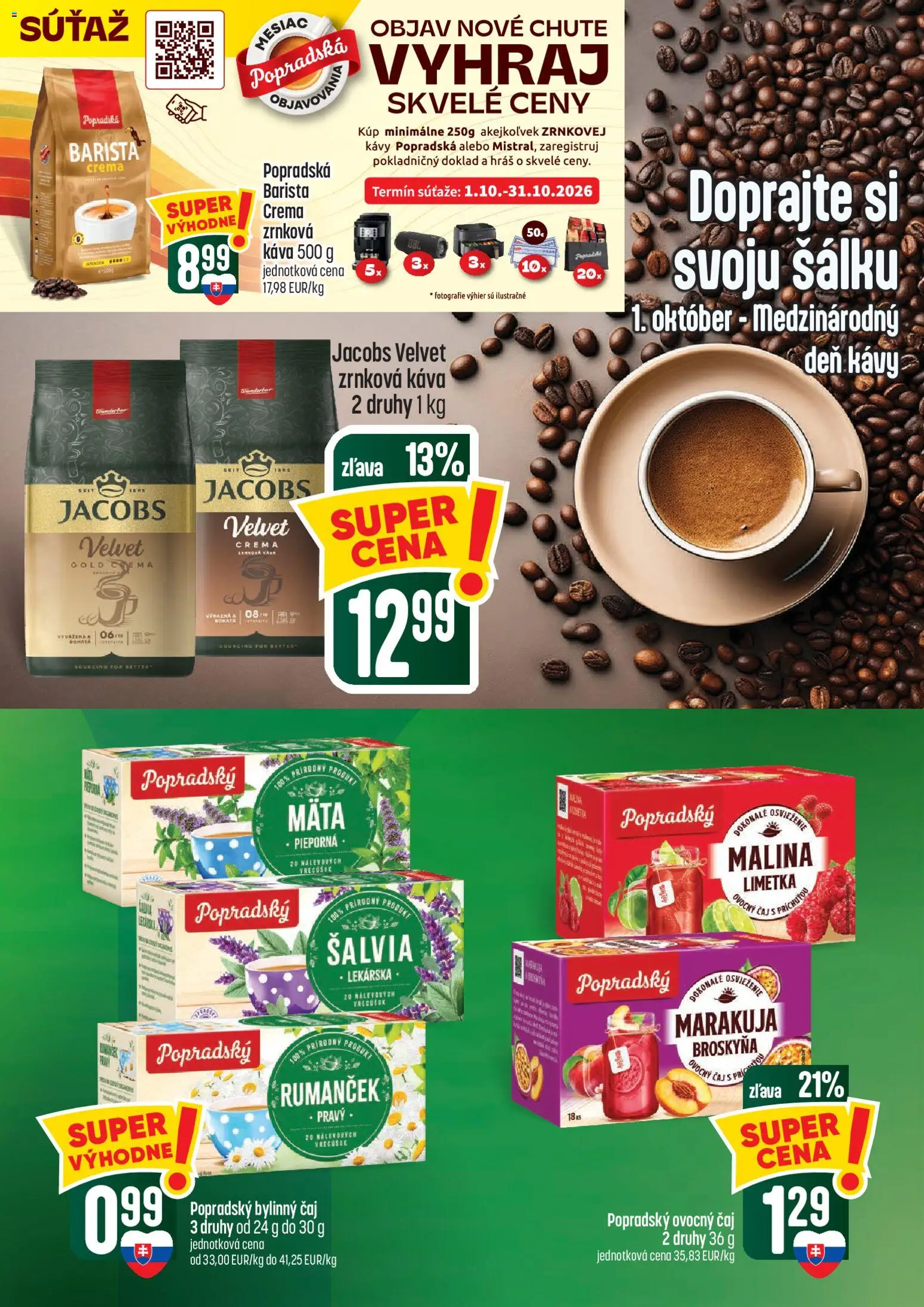 Náhľad COOP Jednota letáku platného od 01.10.2026 - Káva, Čaj, Zrnková káva, Jacobs Velvet, Barista, Limetka, Ovocný čaj, Bylinný čaj
