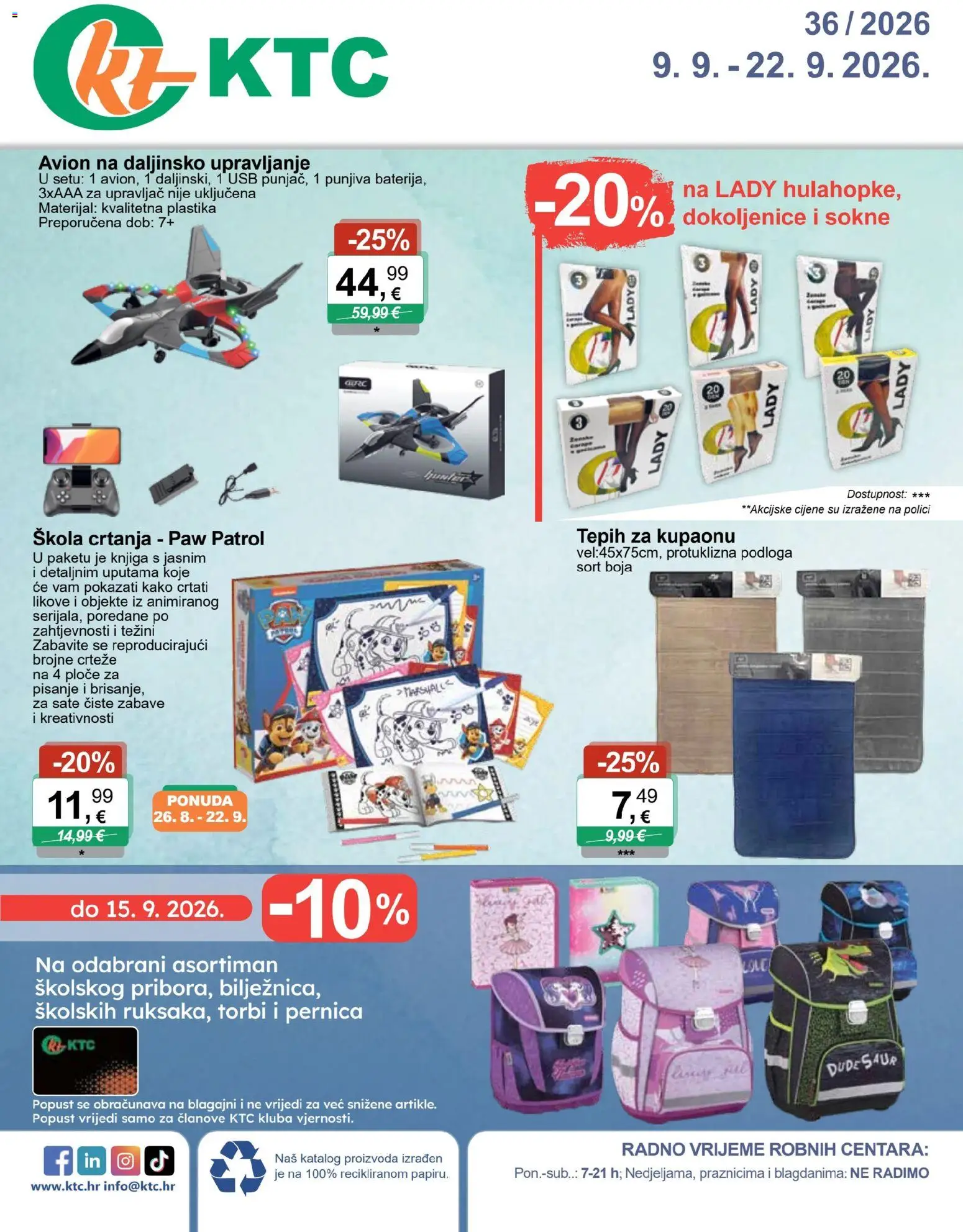 Pregled letka KTC Katalog igračaka i tekstila trgovine KTC vrijedi od 09.09.2026 - Tepih, Knjiga, Pernica, USB, Dude, Podloga