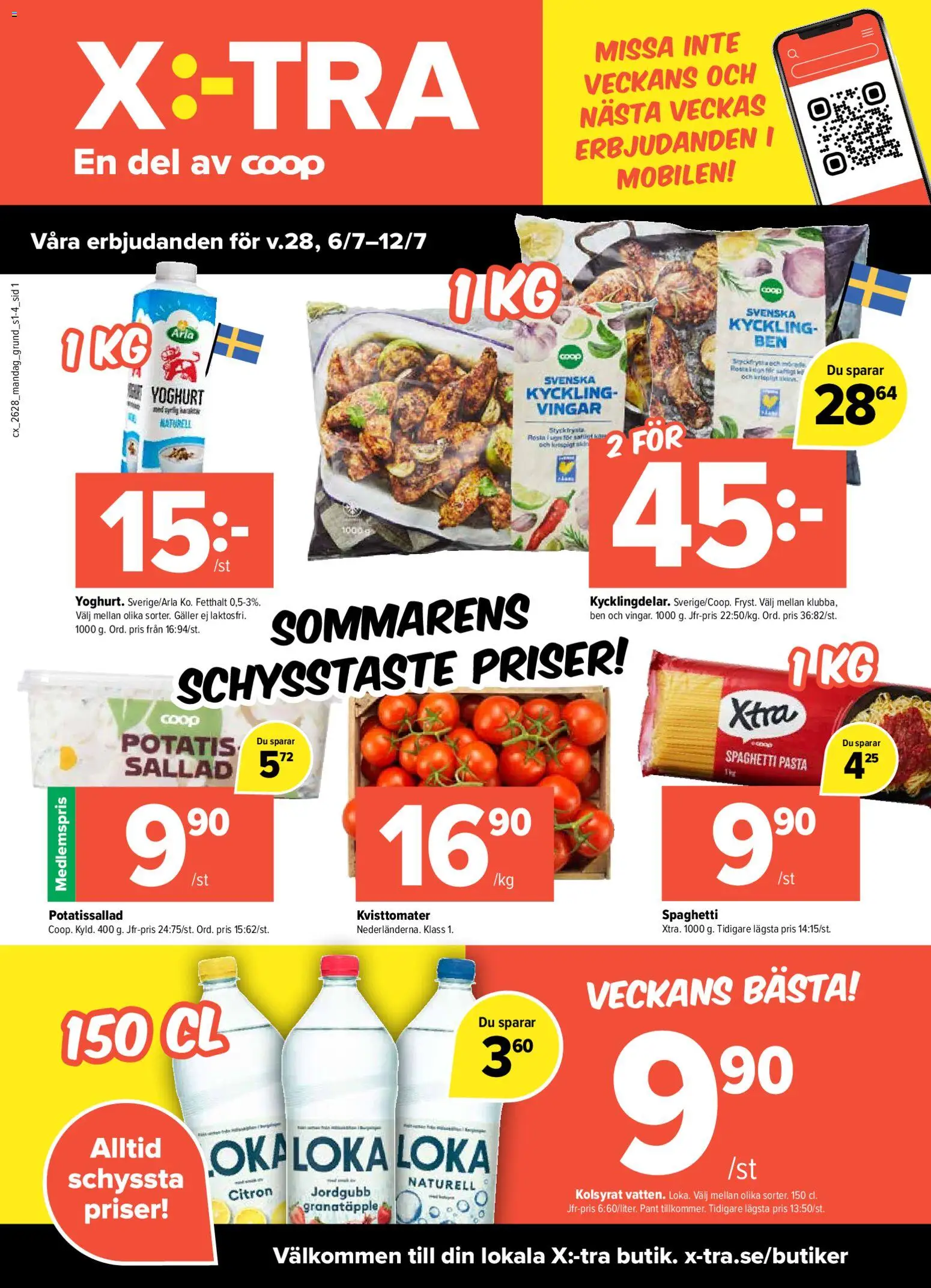Förhandsgranska reklamblad Coop X:-TRA erbjudanden från butik Coop X:-TRA gäller från 06/07/2026 - Potatis, Granatäpple, Yoghurt, Galler, Spaghetti, Ben, Potatissallad, Kyckling