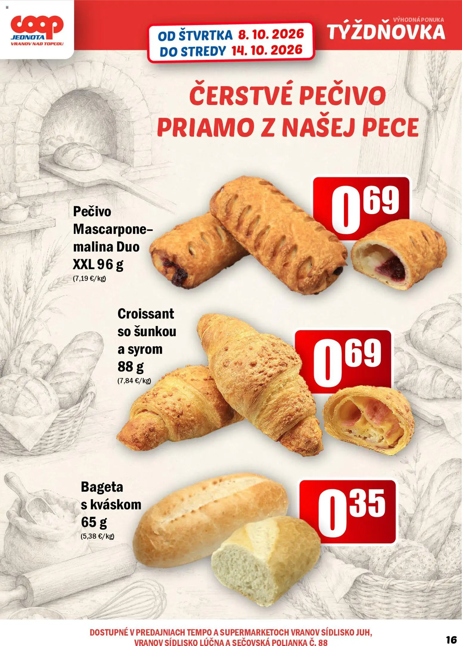 Náhľad COOP Jednota letáku platného od 08.10.2026 - Mascarpone, Croissant, Bageta, Pečivo