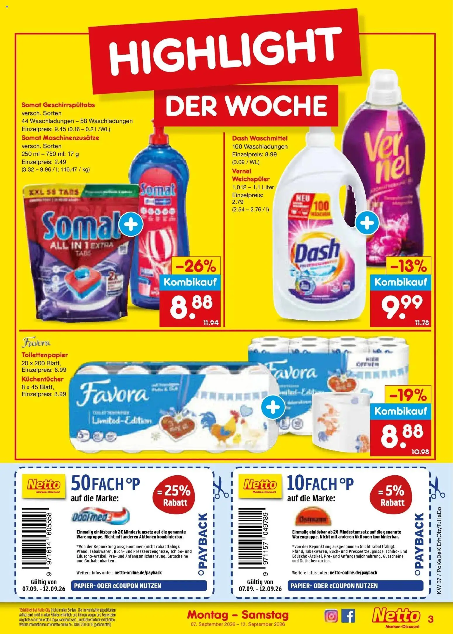 Vorschau von dem Prospekt des Geschäftes Netto Marken-Discount, gültig ab dem 07.09.2026 - Toilettenpapier, Waschmittel, Weichspüler, Vernel
