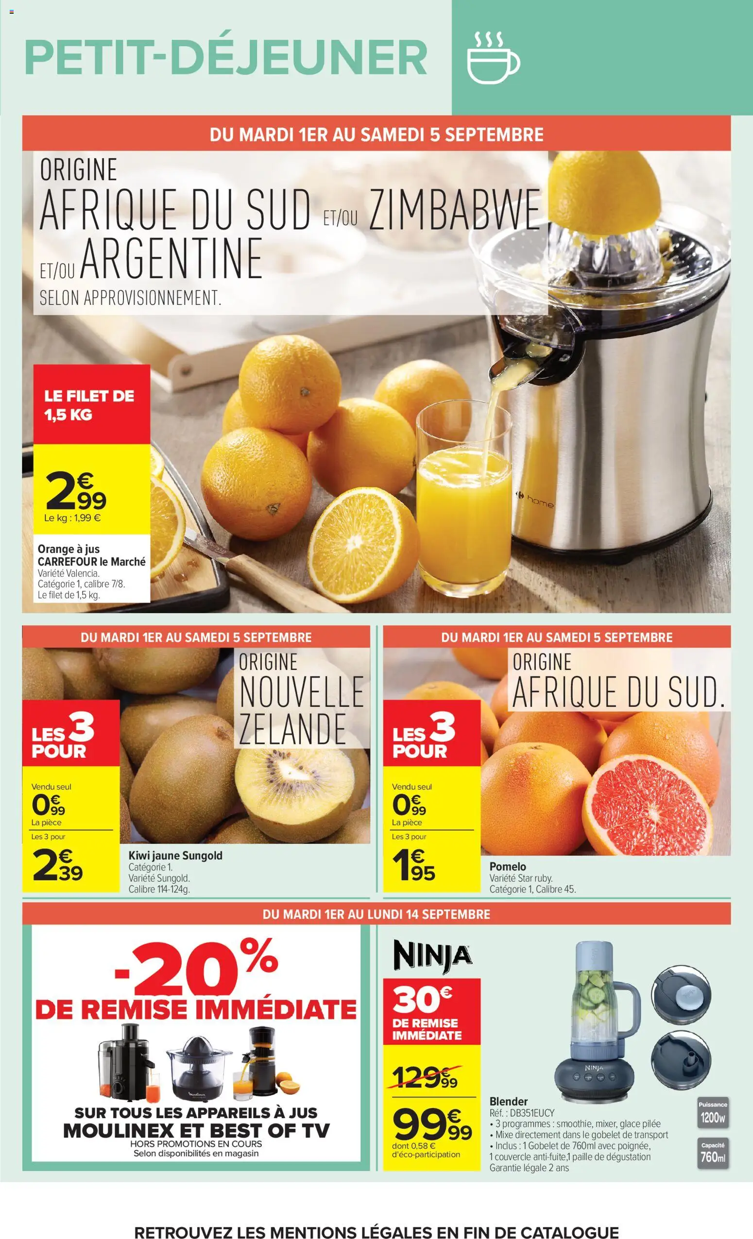 Prévisualisation de Carrefour Market Petit dejeuner du magasin Carrefour Market formulaire valide 01/09/2026 - Orange, Glace, Blender, Kiwi, Moulinex, Jus, Couvercle, Orange a Jus