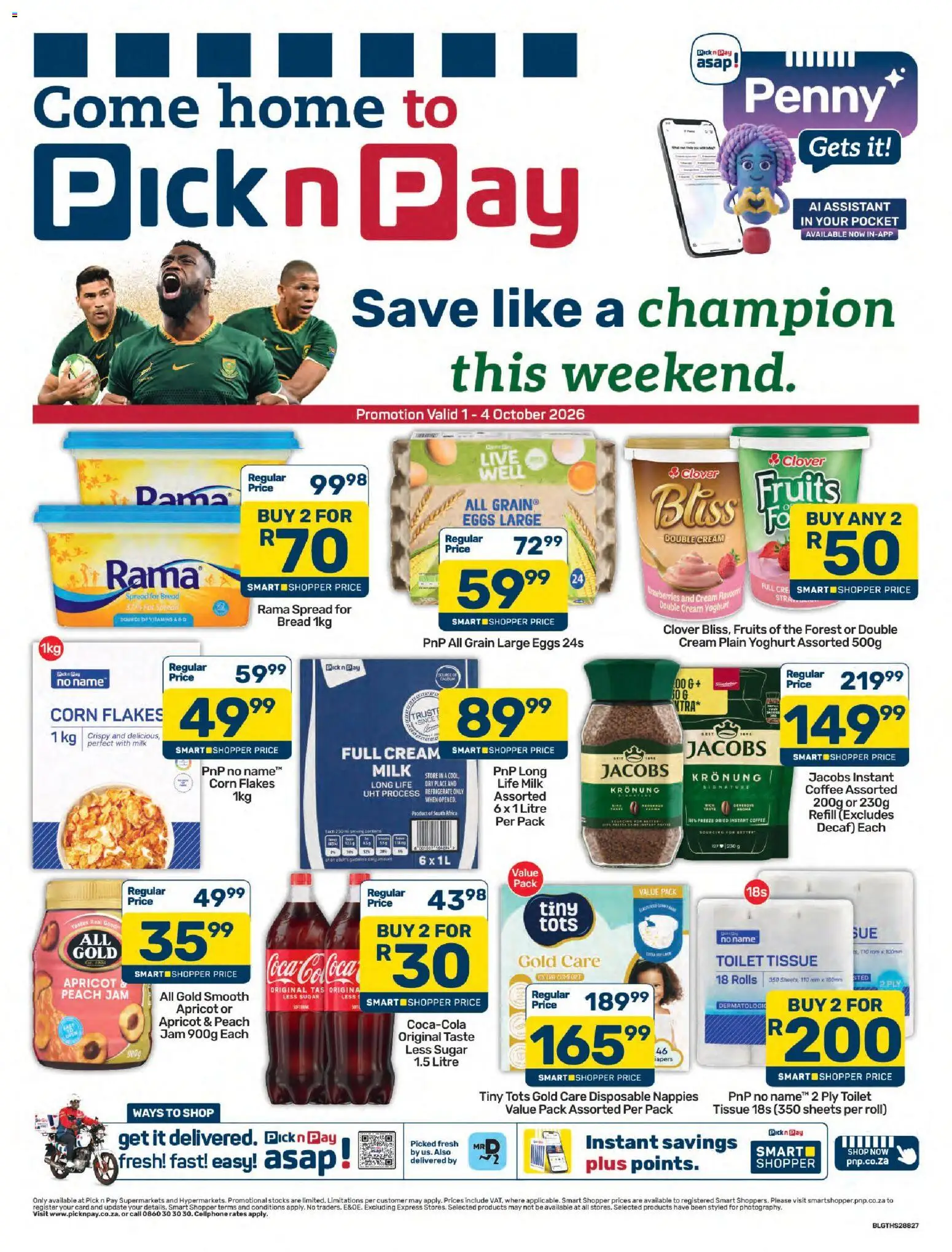 Preview of Pick n Pay flyer valid from 01/10/2026 - Eggs, Milk, Bread, Sugar, Yoghurt, Spread, Instant coffee, Flakes
