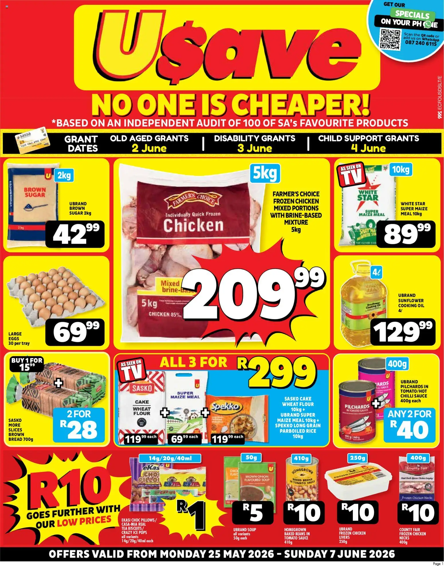 Preview of Usave flyer valid from 25/05/2026 - Chicken, Eggs, Biscuits, Rice, Flour, Tray, Chilli, Pilchards