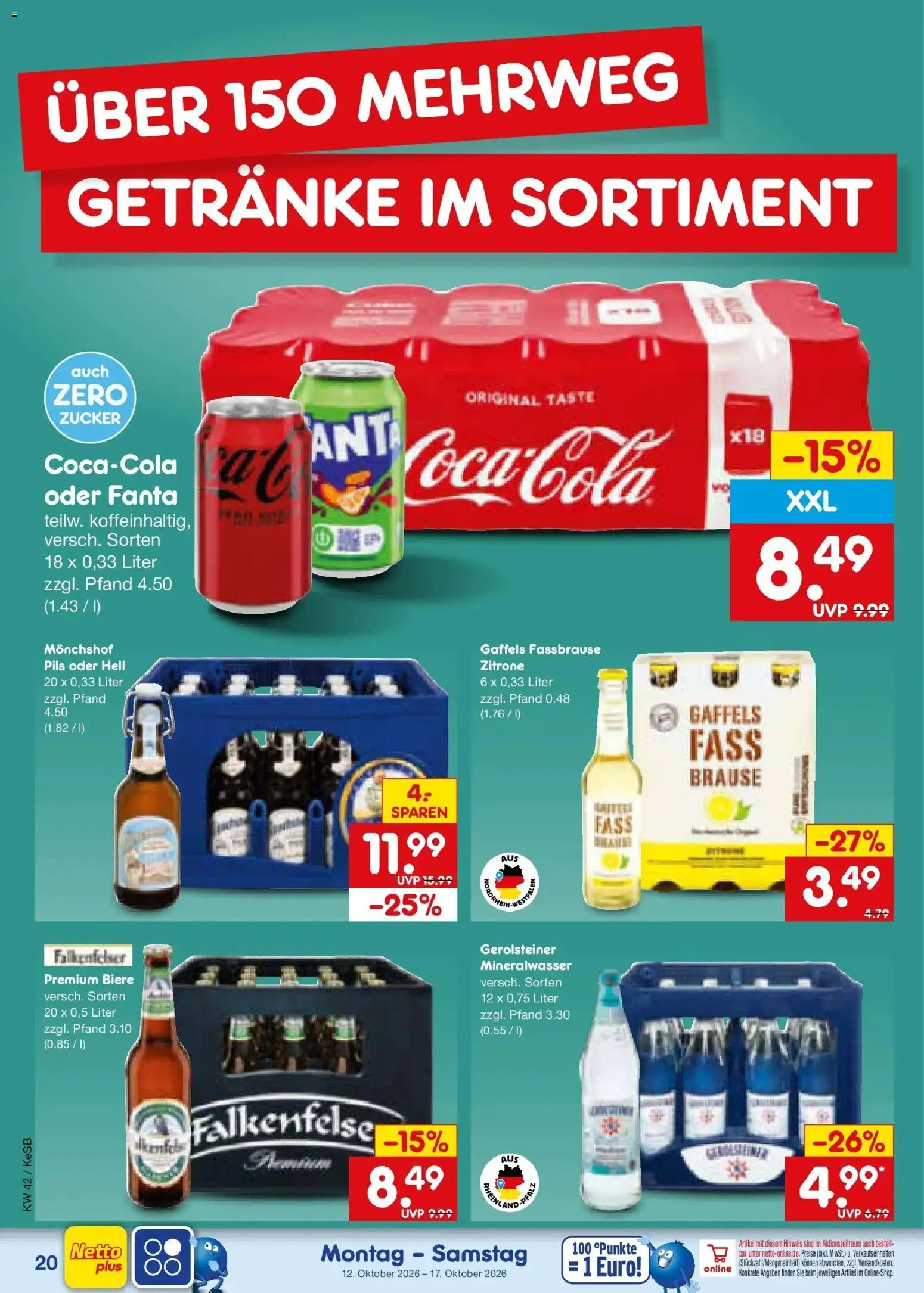Vorschau von dem Prospekt des Geschäftes Netto Marken-Discount, gültig ab dem 12.10.2026 - Mineralwasser, Gerolsteiner, Zucker, Zitrone, Fanta, Fassbrause, Monchshof, Pils
