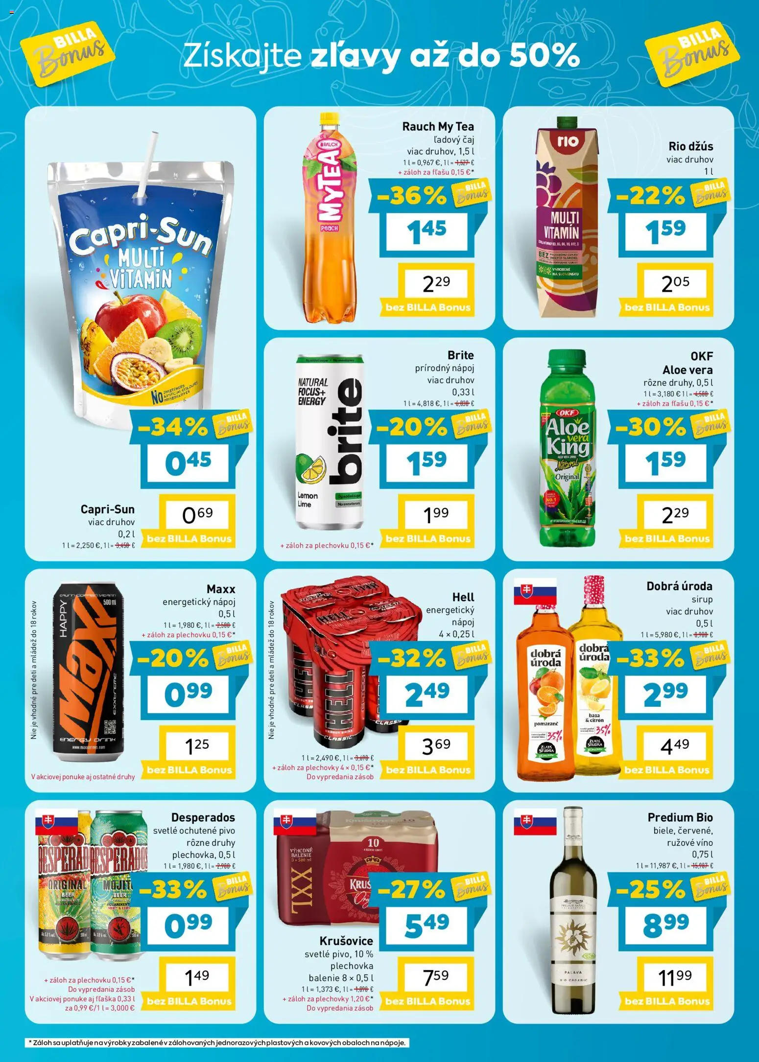 Náhľad Billa letáku platného od 21.10.2026 - Víno, Aloe Vera, Čaj, Sirup, Krušovice, Ľadový čaj, Rúžové víno, Capri-Sun