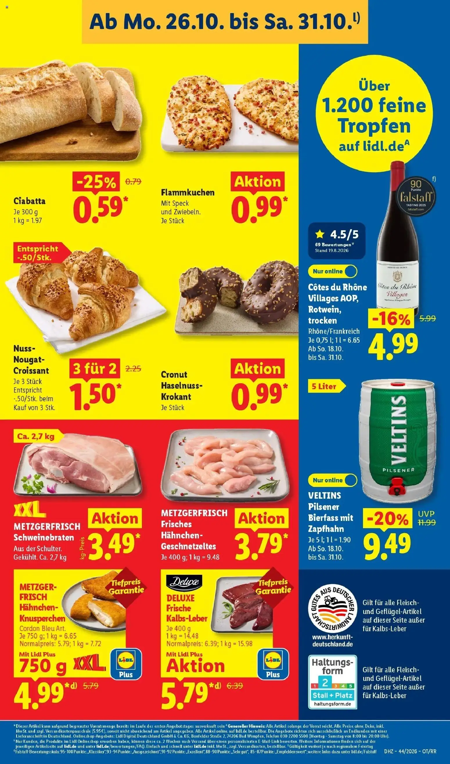 Vorschau von dem Prospekt des Geschäftes Lidl, gültig ab dem 26.10.2026 - Telefon, Bad, Croissant, Fleisch, Veltins, Rotwein, Kalbsleber, Hahnchen