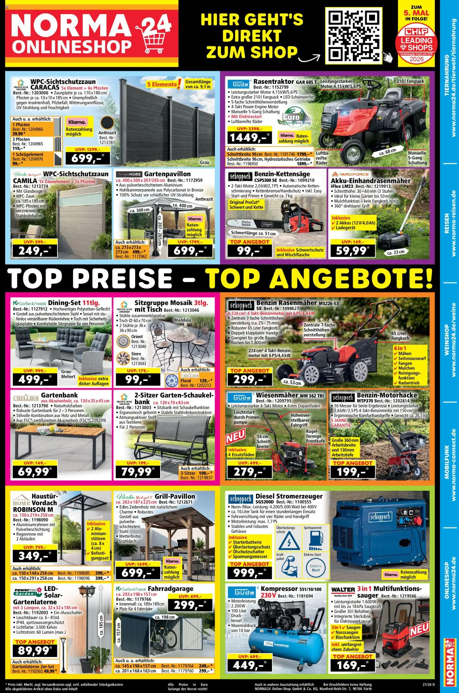 Vorschau von dem Prospekt des Geschäftes Norma, gültig ab dem 18.05.2026 - PC, Rasenmäher, Sessel, Steckdose, Top, Tisch, Ladegerät, Gewicht