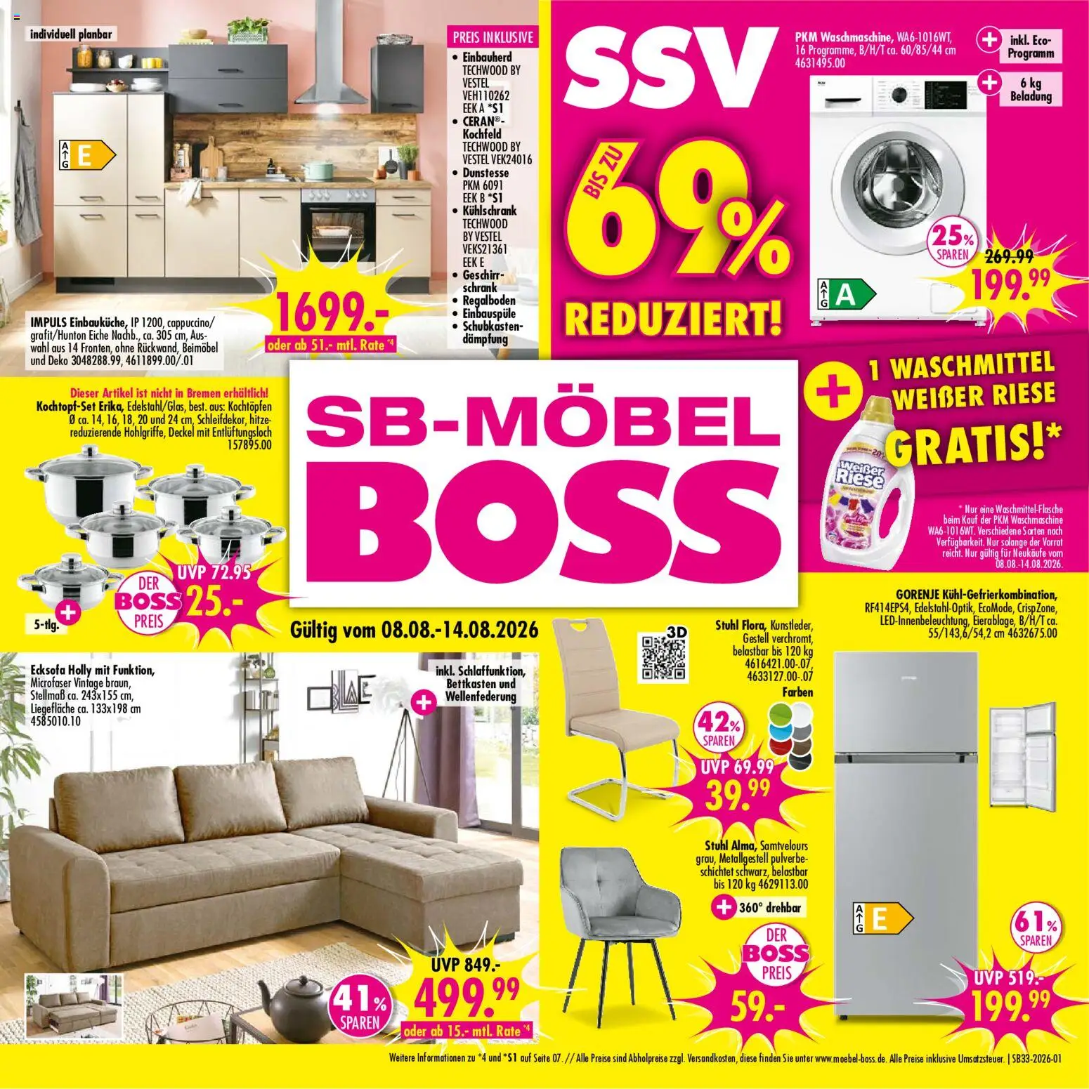 Vorschau von dem Prospekt des Geschäftes SB Möbel Boss, gültig ab dem 08.08.2026 - Waschmaschine, Kühlschrank, Ecksofa, Schrank, Stuhl, Gorenje, Waschmittel, Kochfeld