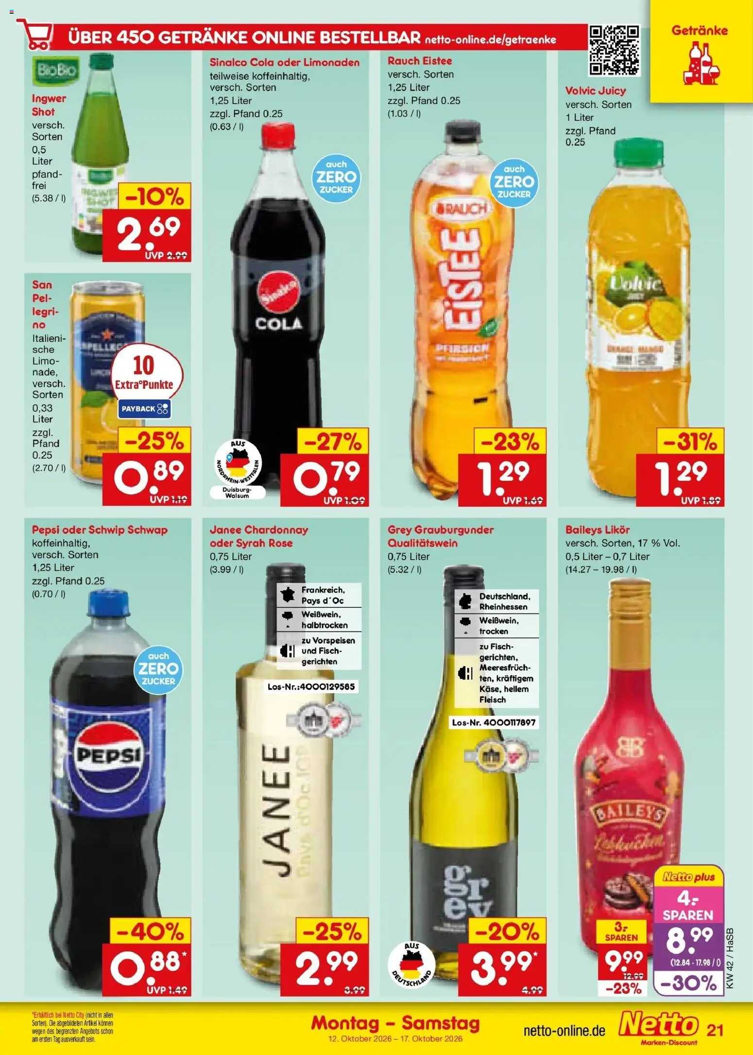 Vorschau von dem Prospekt des Geschäftes Netto Marken-Discount, gültig ab dem 12.10.2026 - Fisch, Baileys, Fleisch, Pfirsich, Zucker, Likör, Sinalco, Schwip schwap