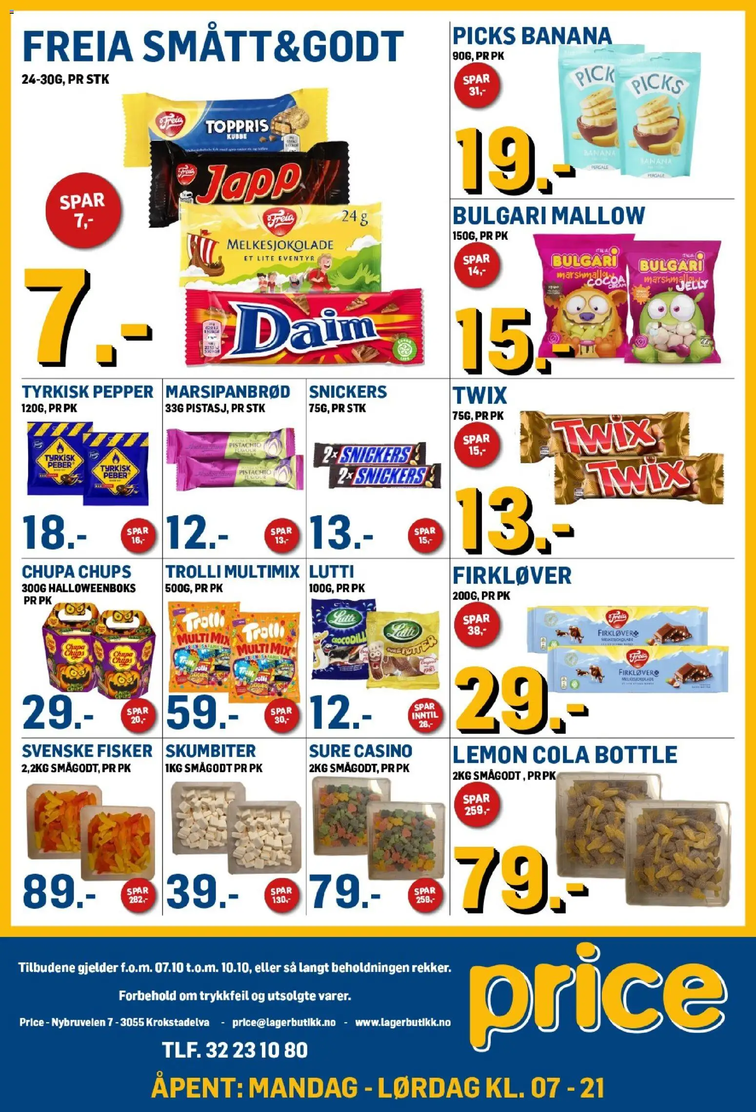 Forhåndsvis Price Lagerbutikk kundeavis fra butikk Price Lagerbutikk gyldig fra 07/10/2026 - Marshmallow, Smågodt, Snickers, Cola