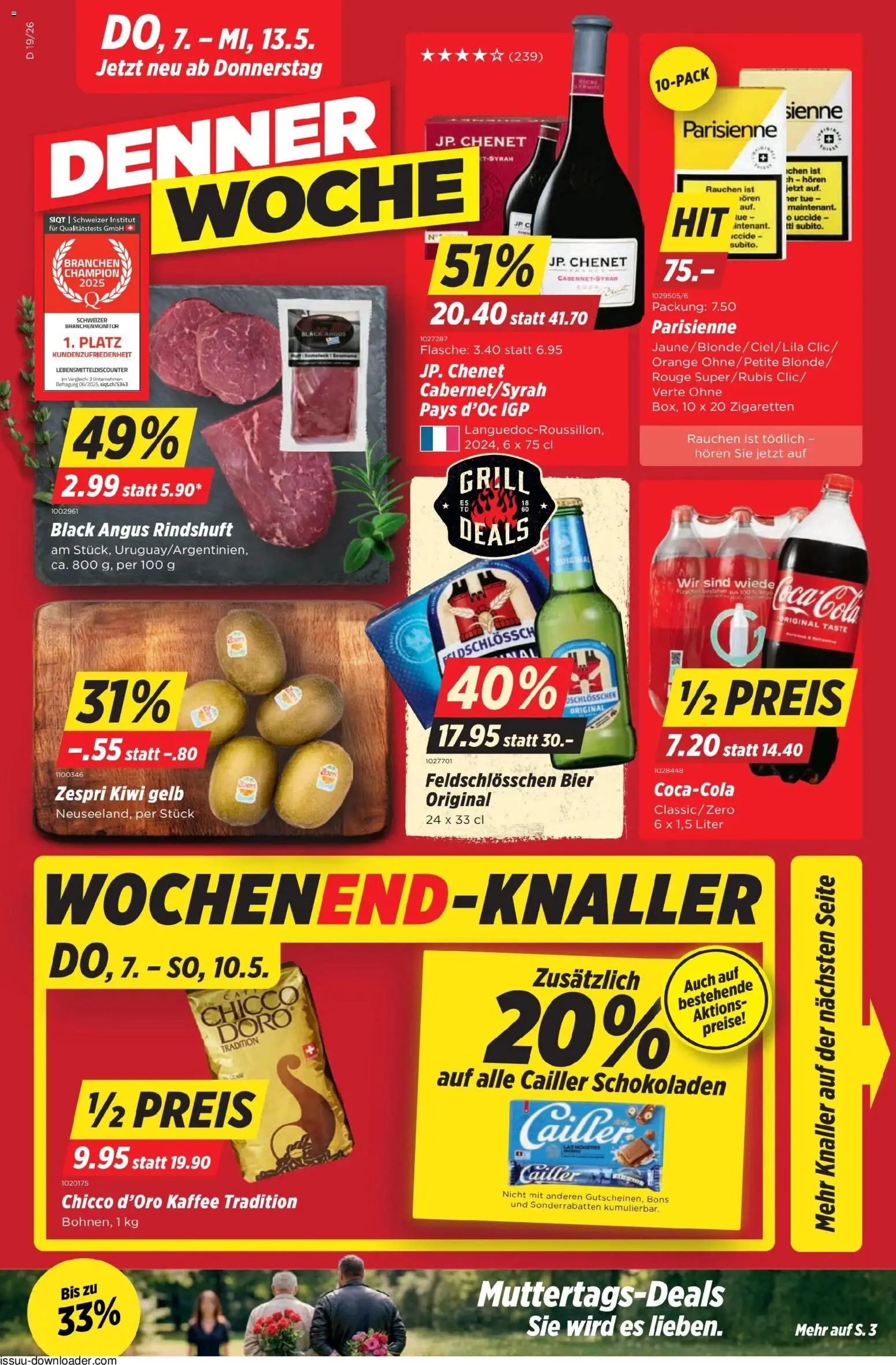 Vorschau des Merkblatts Denner aktionen vom Shop Denner gültig von 07.05.2026 bis 13.05.2026 - Kaffee, Kiwi, Grill, Bier, Rouge
