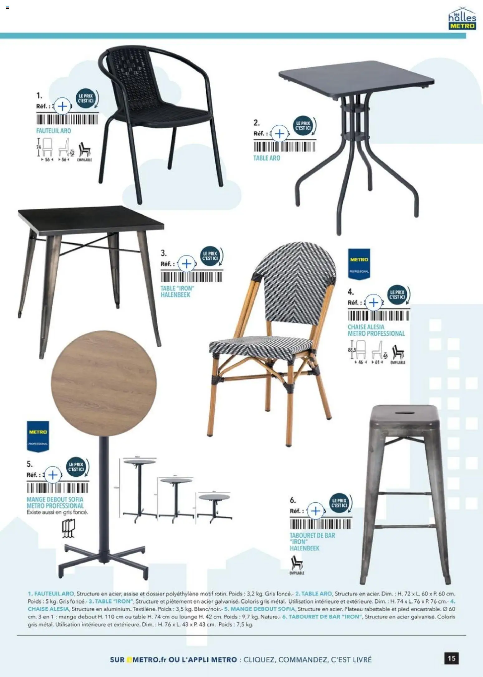 Prévisualisation de Terrasse&salle Collection 2026 du magasin METRO formulaire valide 09/01/2026 - Fauteuil, Livre, Chaise, Tabouret de bar, Table, Mange debout, Plateau, Poids