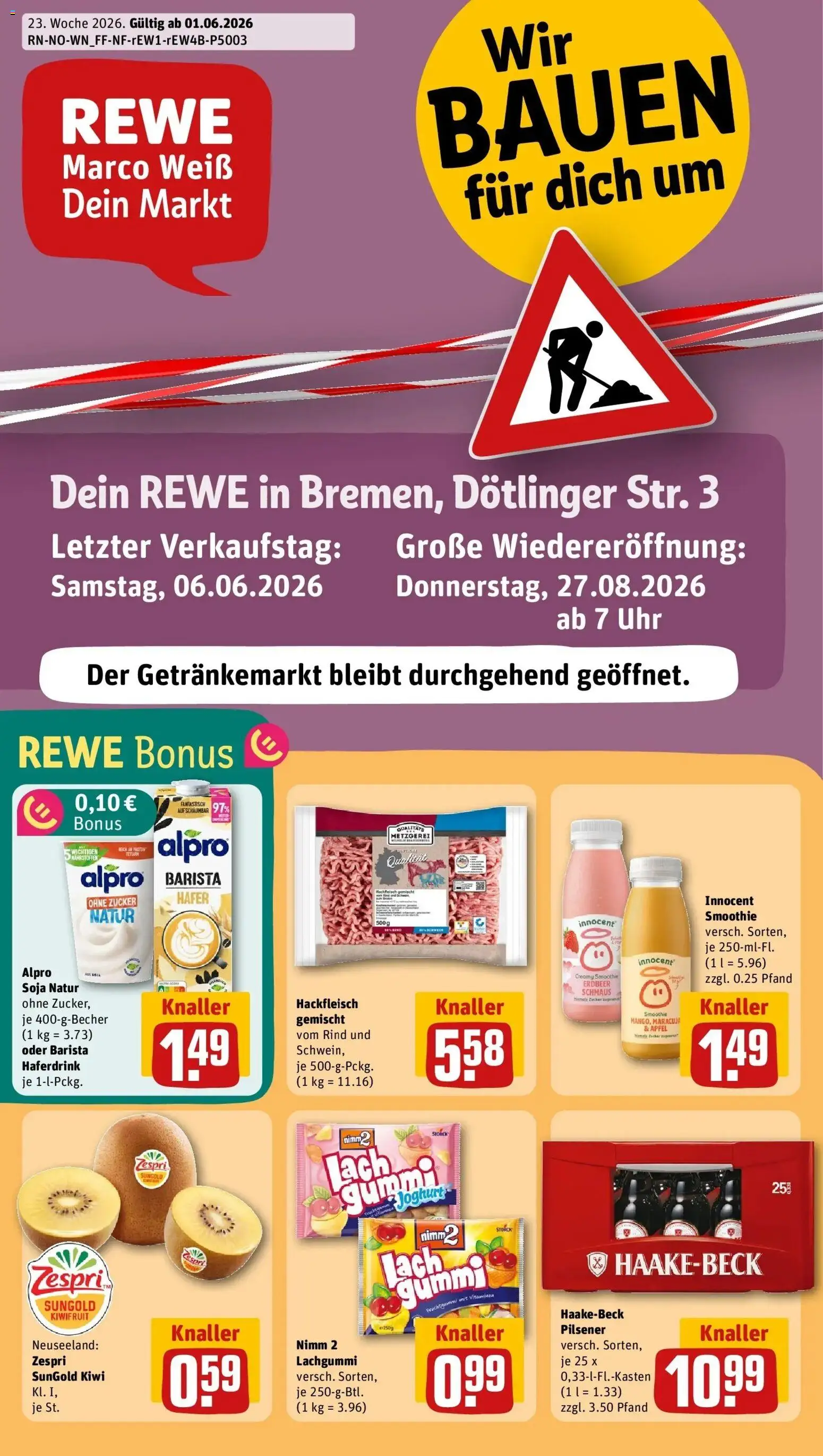 Vorschau von dem Prospekt des Geschäftes Rewe, gültig ab dem 01.06.2026 - Uhr, Äpfel, Kiwi, Hackfleisch, Zucker, Alpro, Haferdrink