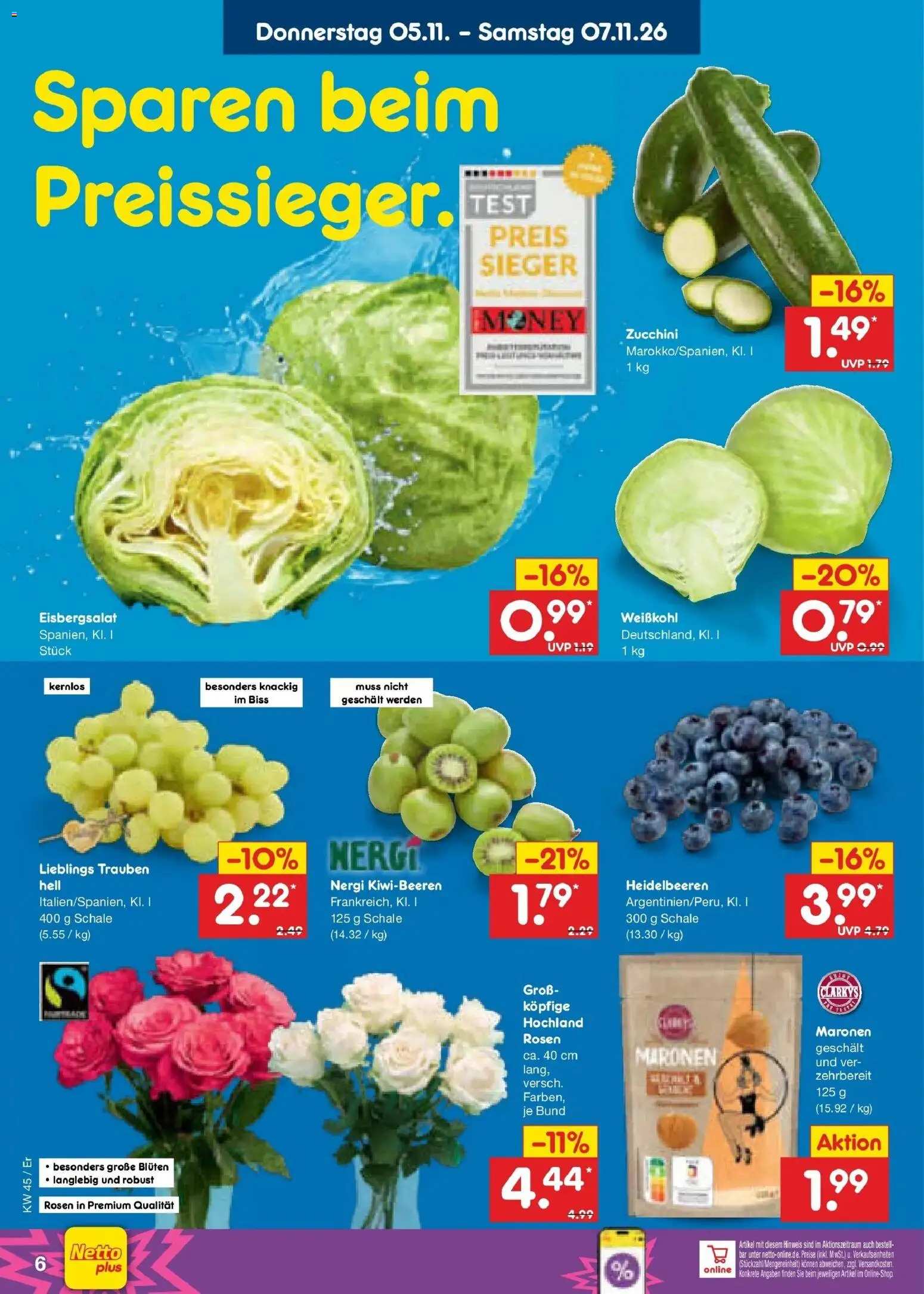 Vorschau von dem Prospekt des Geschäftes Netto Marken-Discount, gültig ab dem 02.11.2026 - Zucchini, Heidelbeeren, Trauben, Eisbergsalat
