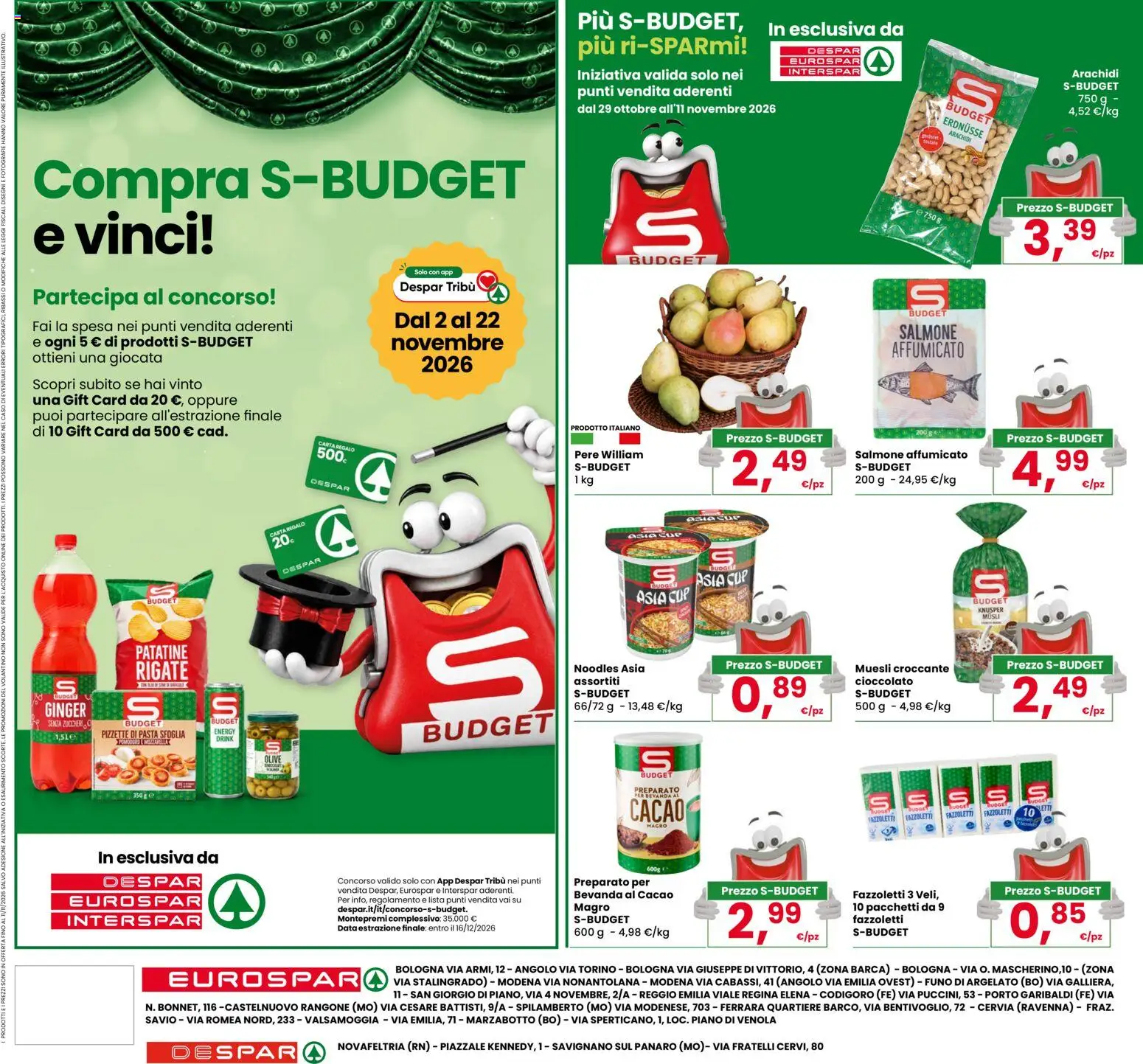 Anteprima dell'opuscolo Eurospar volantino Novafeltria dal negozio Eurospar valido da 29/10/2026 - Pasta, Pasta sfoglia, Patatine, Salmone affumicato, Olive, Data, Cacao, Fazzoletti