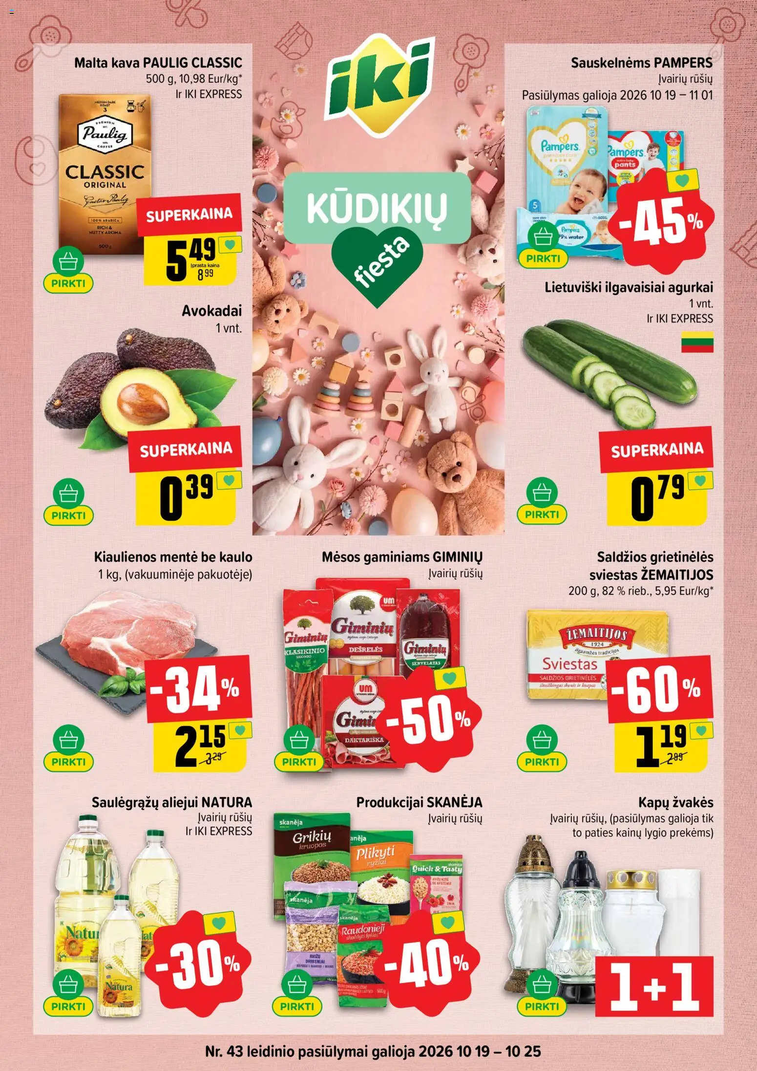 IKI parduotuvės leidinio IKI leidinys galiojančio nuo 2026.10.19 peržiūra - Kava, Sviestas, Ryžiai, Agurkai, Avokadai, Dešrelės, Kiaulienos, Kiaulienos mentė be kaulo
