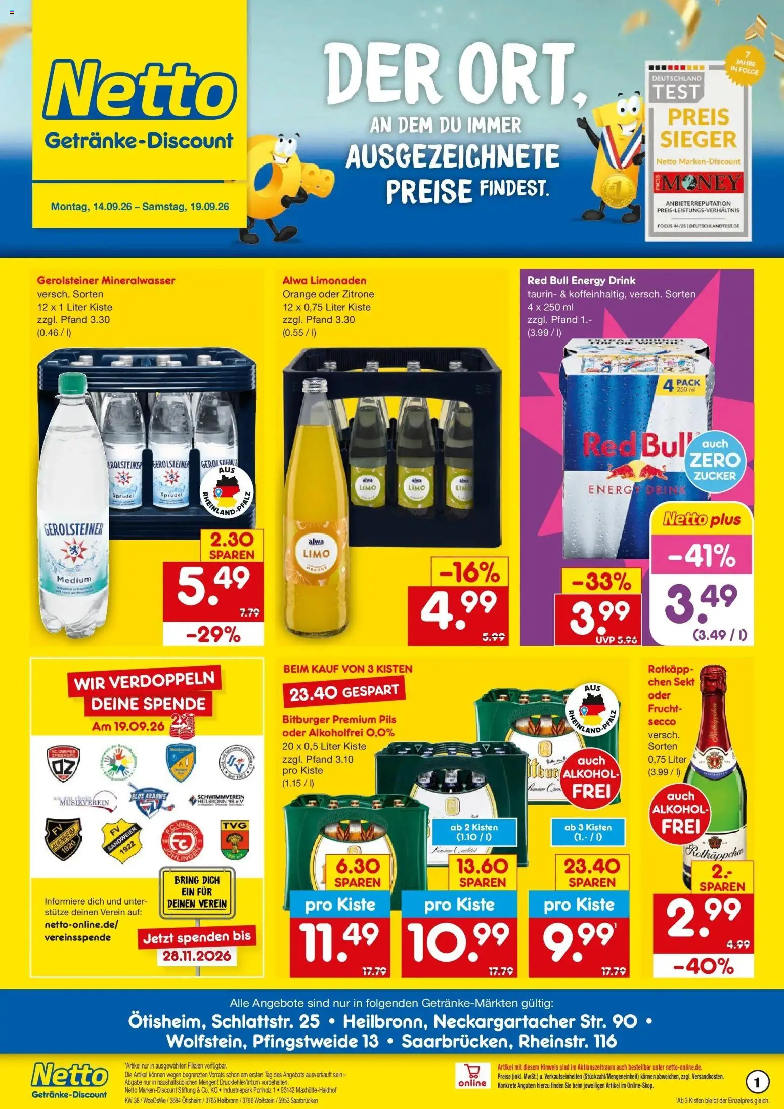 Vorschau von dem Prospekt des Geschäftes Netto Marken-Discount, gültig ab dem 14.09.2026 - Red bull, Alkohol, Gerolsteiner, Rotkäppchen, Zitrone, Energy, Sekt, Bitburger