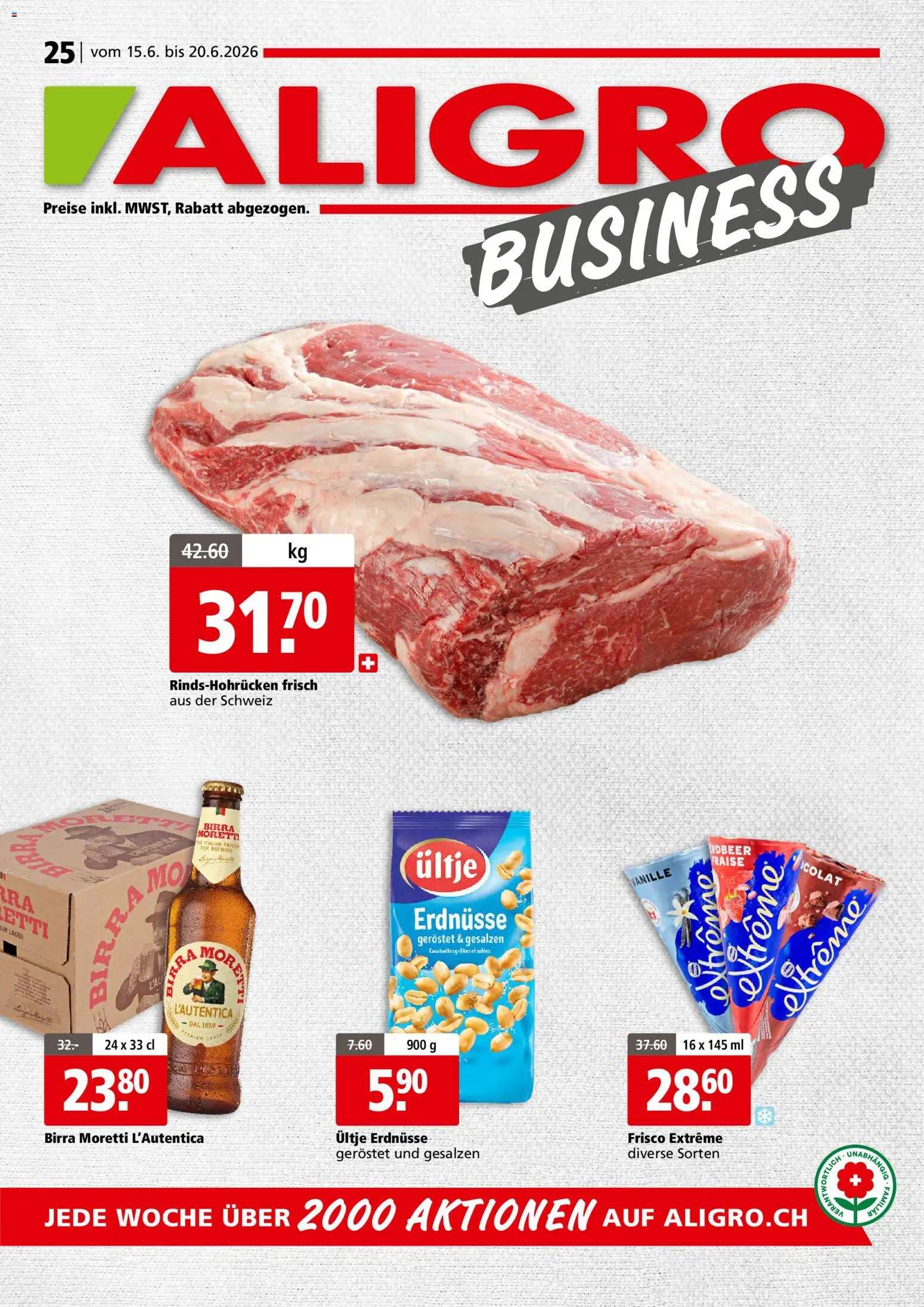 Vorschau des Merkblatts Aligro aktionen Business Schlieren, Gossau SG, Frauenfeld, Rapperswil-Jona, Sargans, Bern vom Shop Aligro gültig von 15.06.2026 bis 20.06.2026 - Erdnüsse, Vanille