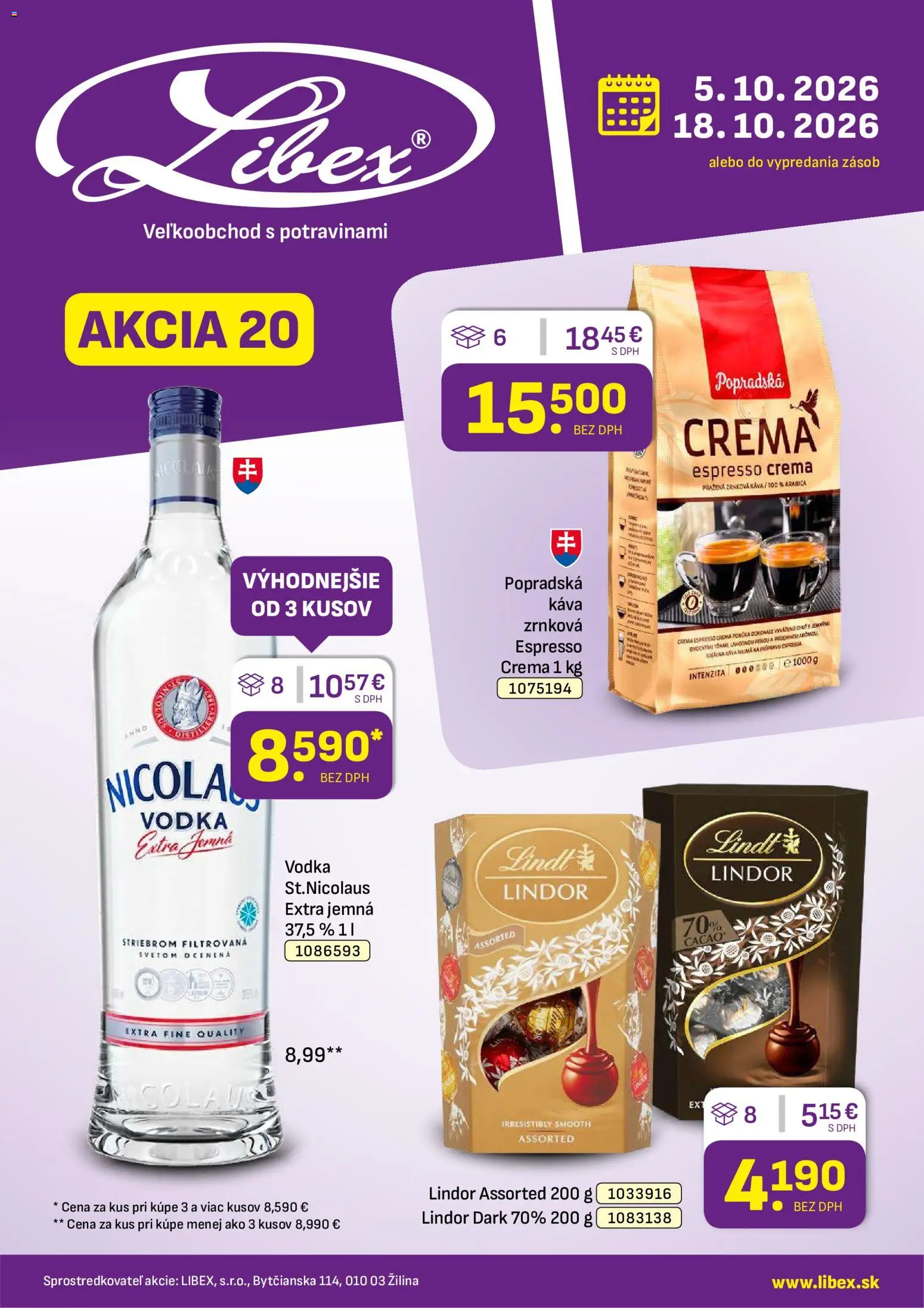 Náhľad Libex letáku platného od 05.10.2026 - Káva, Vodka, Lindt, Zrnková káva, Lindor