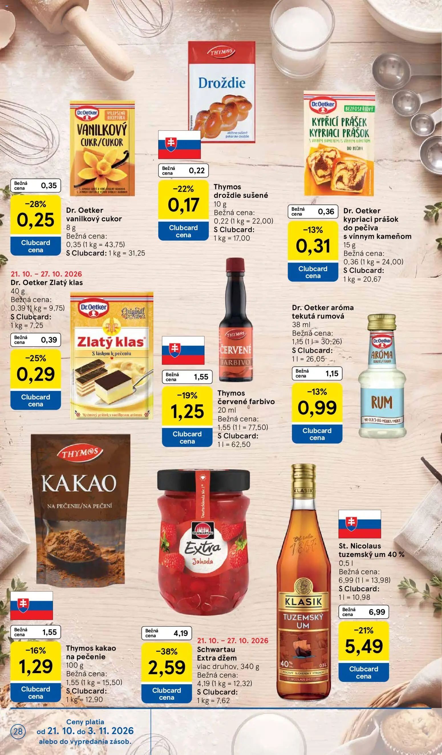 Náhľad Tesco letáku platného od 21.10.2026 - Rum, Cukor, Kakao, Vanilkový cukor, Droždie, Džem, Zlatý klas, Prášok do pečiva