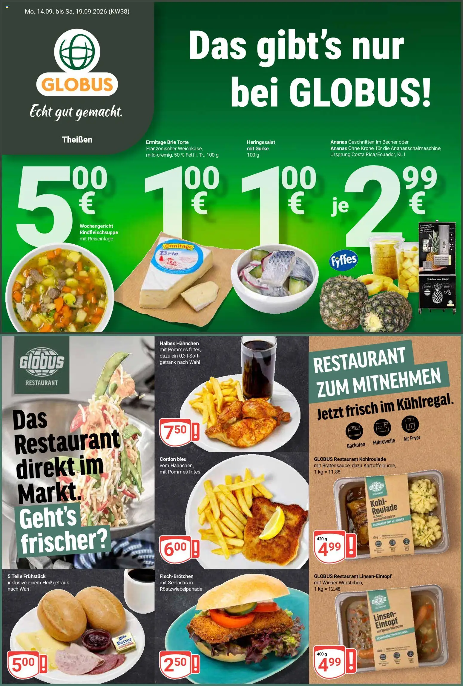 Vorschau von dem Prospekt des Geschäftes Globus, gültig ab dem 14.09.2026 - Butter, Mikrowelle, Pommes, Backofen, Ananas, Pommes frites, Hahnchen, Wiener wurstchen