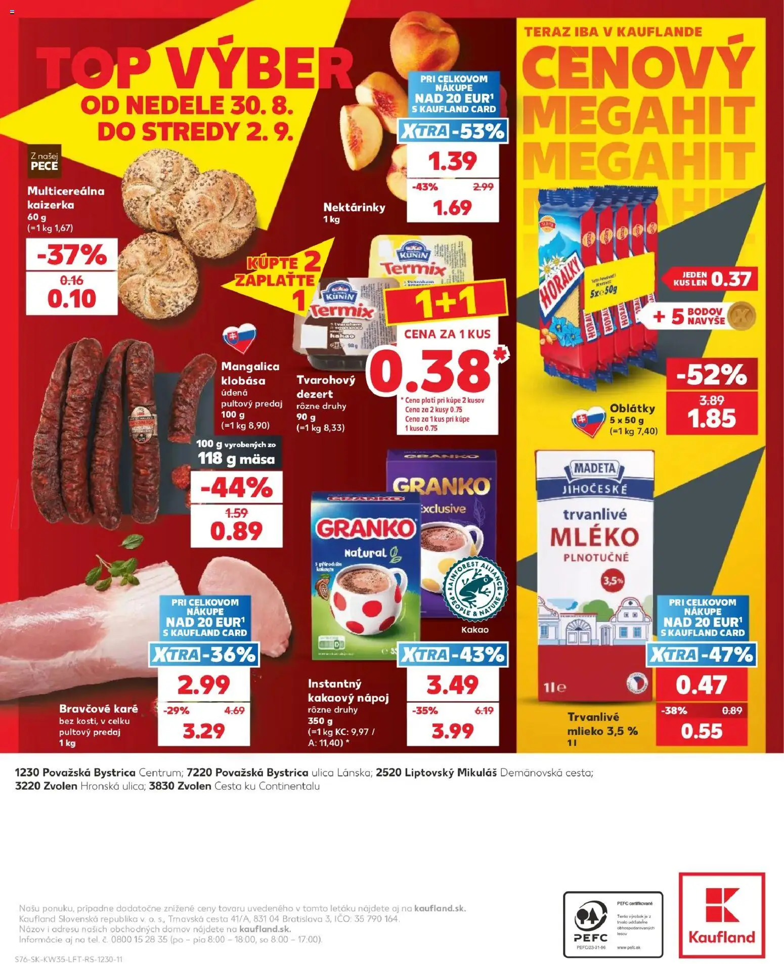 Náhľad Kaufland letáku platného od 27.08.2026 - Bravčové karé, Mlieko, Klobása, Granko, Termix, Oblátky, Trvanlivé mlieko, Horálky