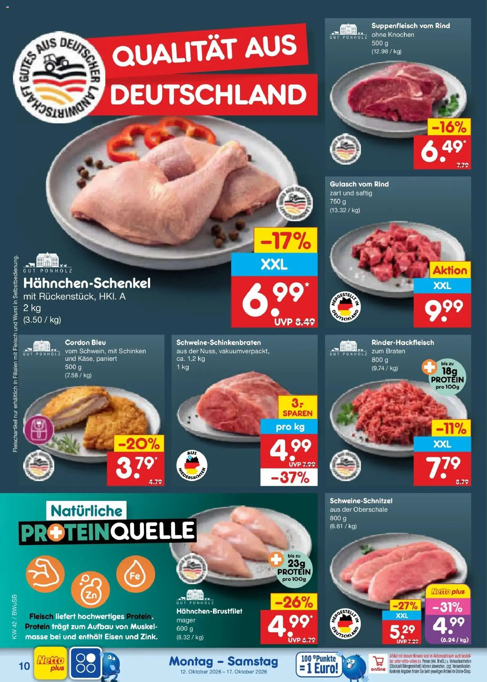 Vorschau von dem Prospekt des Geschäftes Netto Marken-Discount, gültig ab dem 12.10.2026 - Wurst, Gulasch, Fleisch, Hahnchenschenkel, Schinken, Suppenfleisch