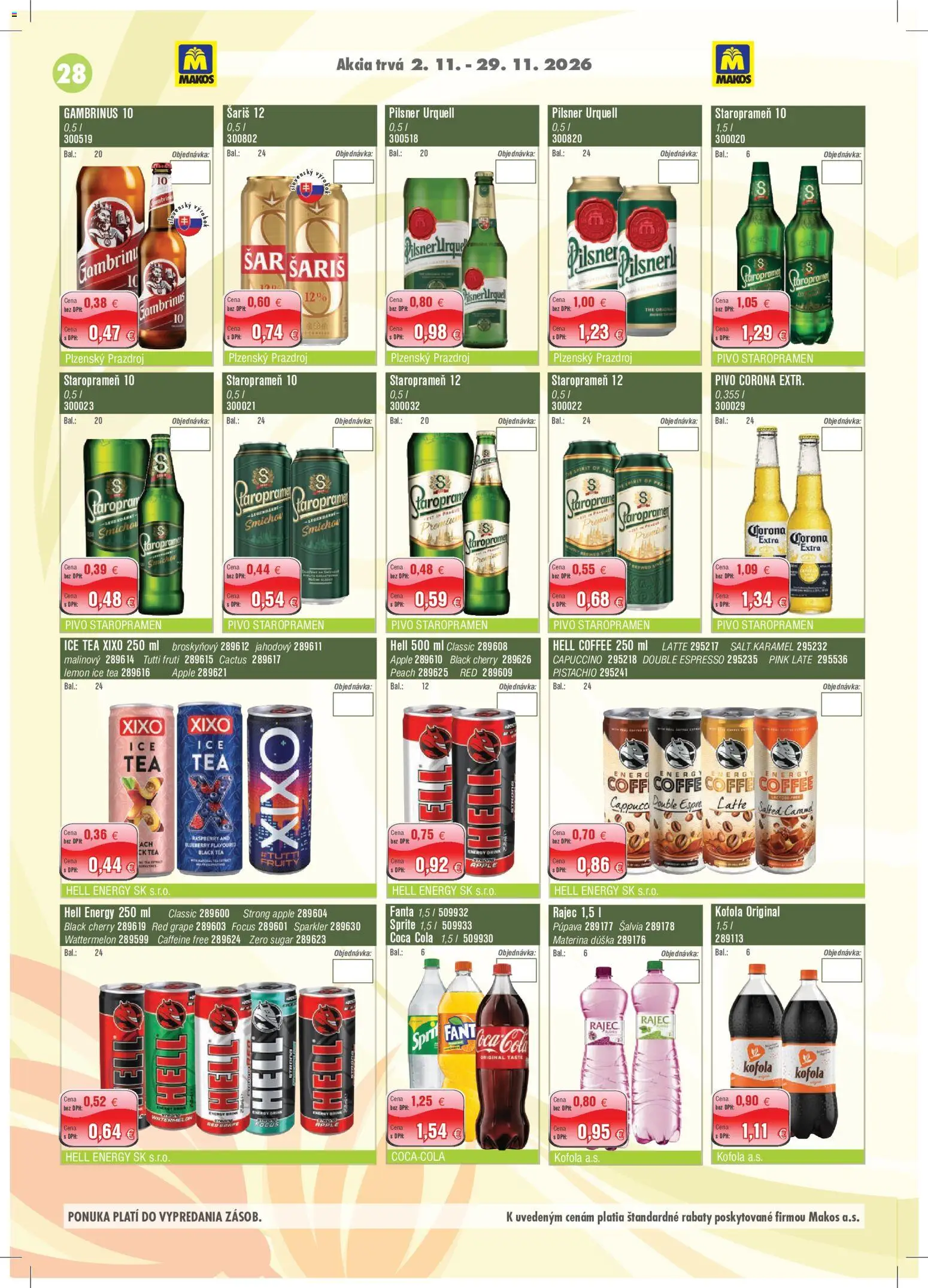 Náhľad Makos letáku platného od 02.11.2026 - Pivo, Fanta, Šariš, Staropramen, Cola, Sprite, Gambrinus, Corona Extra